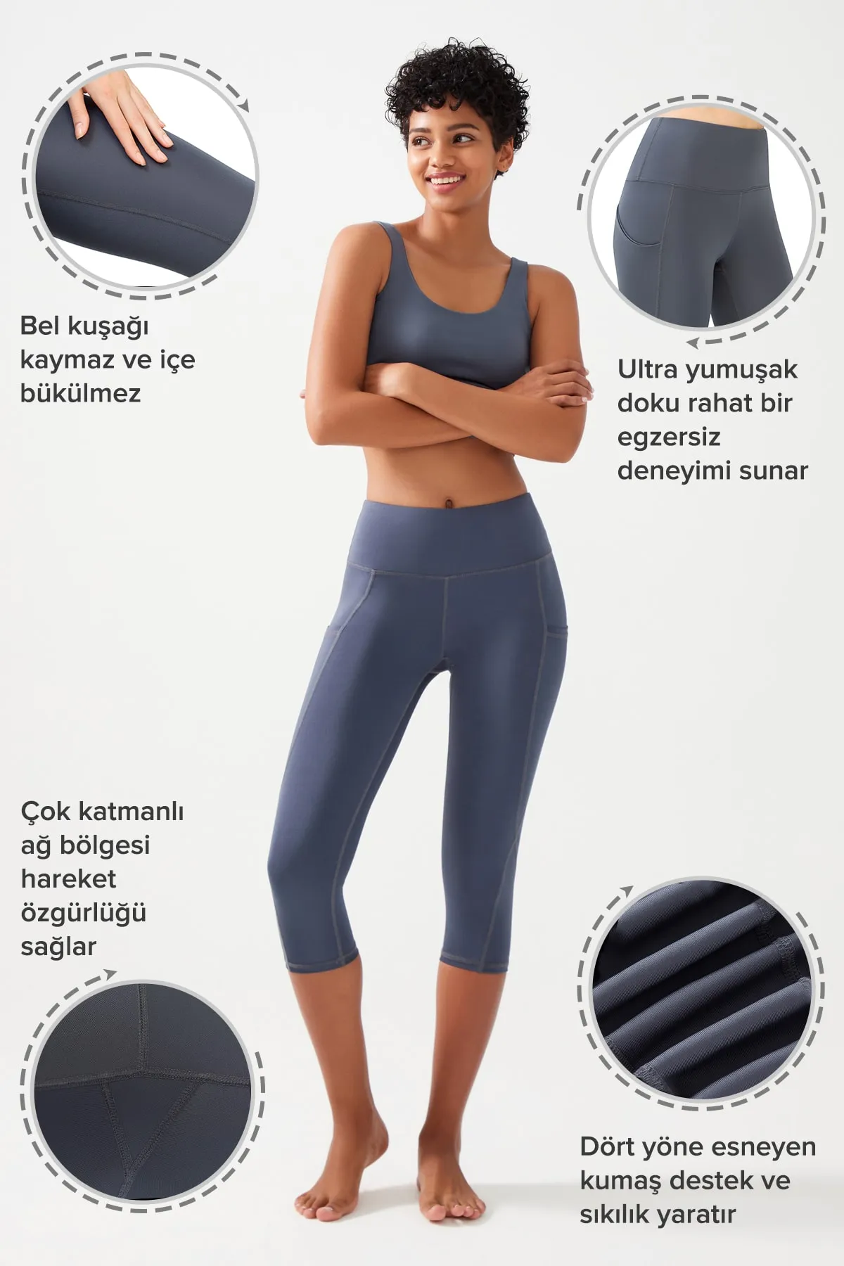 LOS OJOS  Anthrazitfarbene Capri-Leggings mit hoher Taille und schmaler doppelter Tasche unterhalb des Knies