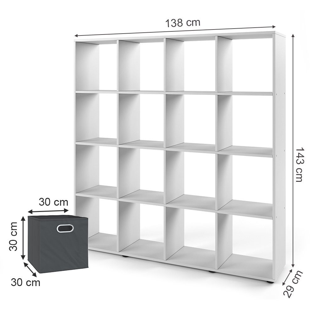 Vicco Raumteiler Würfelregal Standregal KARREE 16 Fächer Weiß inkl. Faltboxen