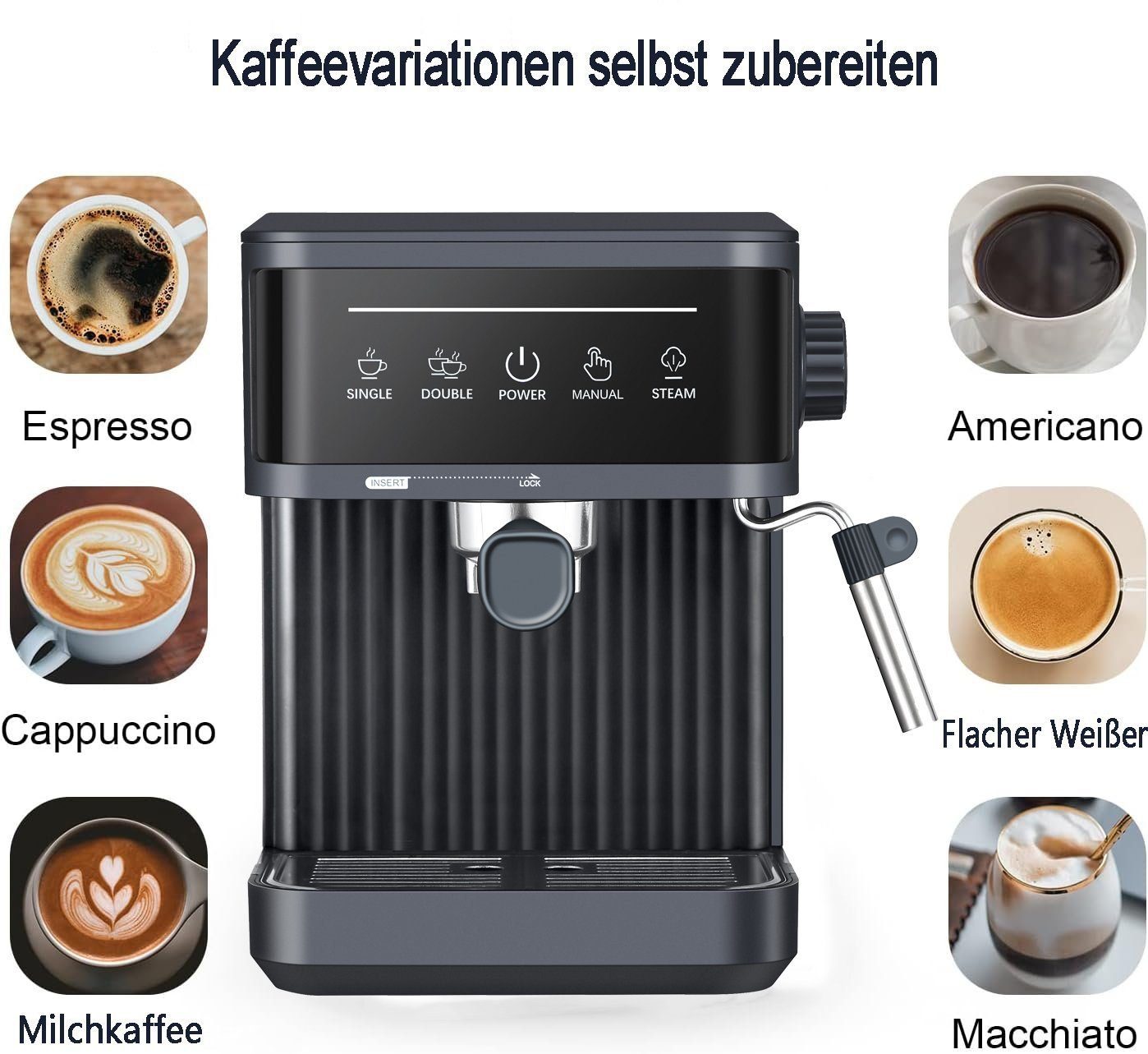 Mutoy Kaffeevollautomat Kaffeevollautomat,Espresso Siebträgermaschine 20 Bar, Kaffeemaschine für den Hausgebrauch, 850W, 1,8 Liter Wassertank