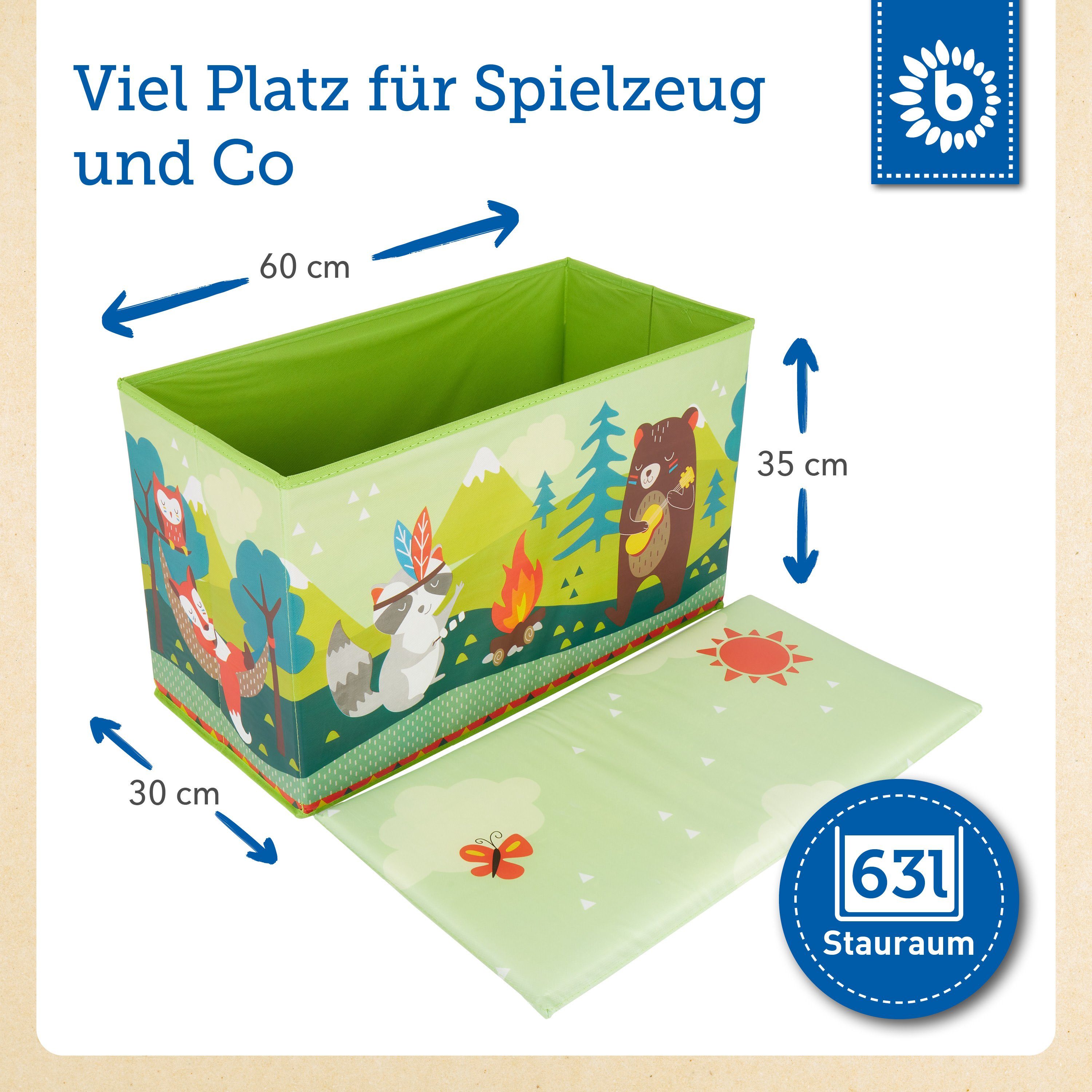 BIECO Spielzeugtruhe Bieco Aufbewahrungsbox mit Deckel 60L, faltbar ca. 60x30x35cm Spielzeugkiste mit Deckel Aufbewahrungsbox Kinder Kisten mit Deckel Aufbewahrungsbox Groß Wickeltisch Organizer Waldtiere