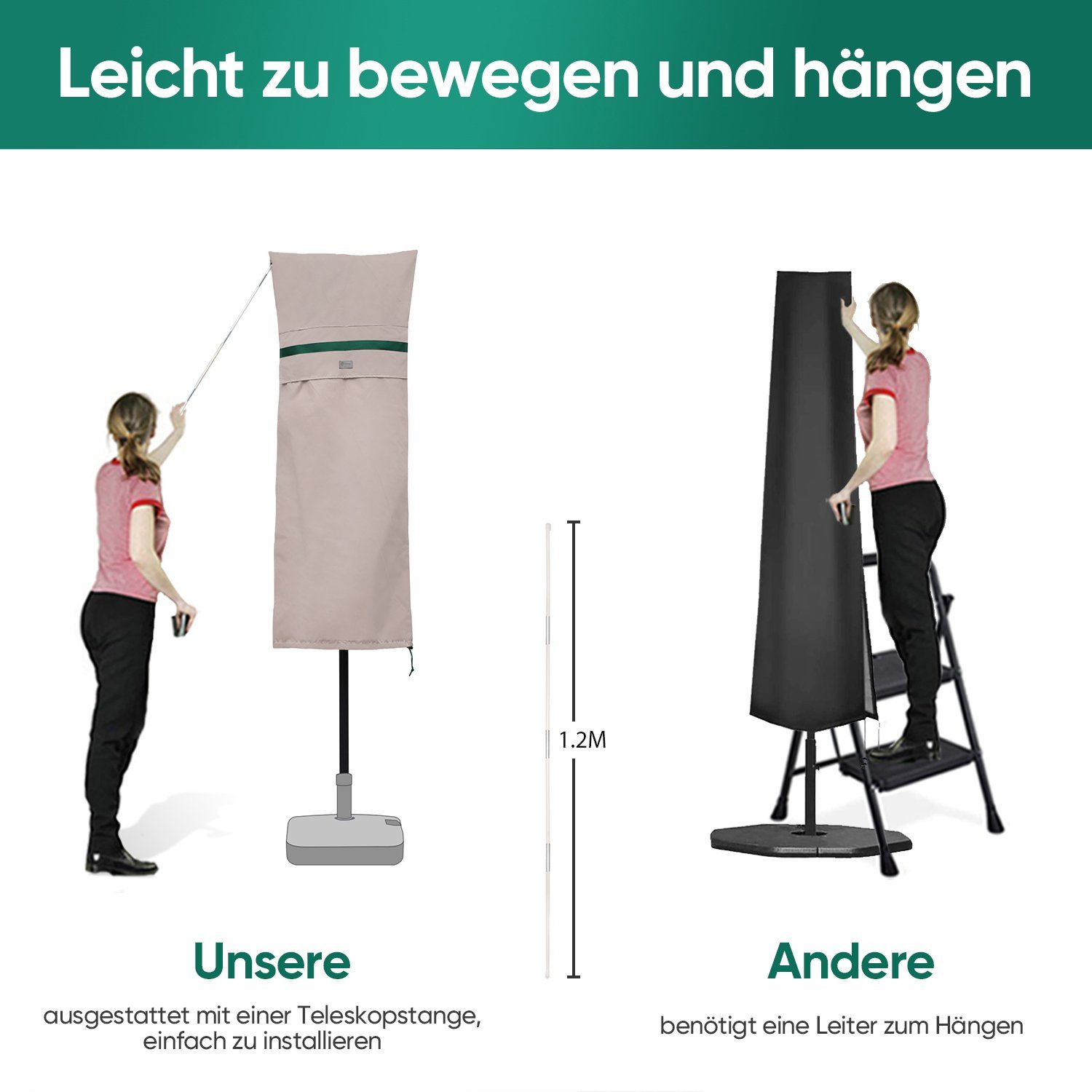 Sekey Sonnenschirm-Schutzhülle Doppelsonnenschirm Abdeckhauben mit Stab und Reißverschluss, Winterfest, Wasserabweisend, Wetterfest, Robust, Reißfest
