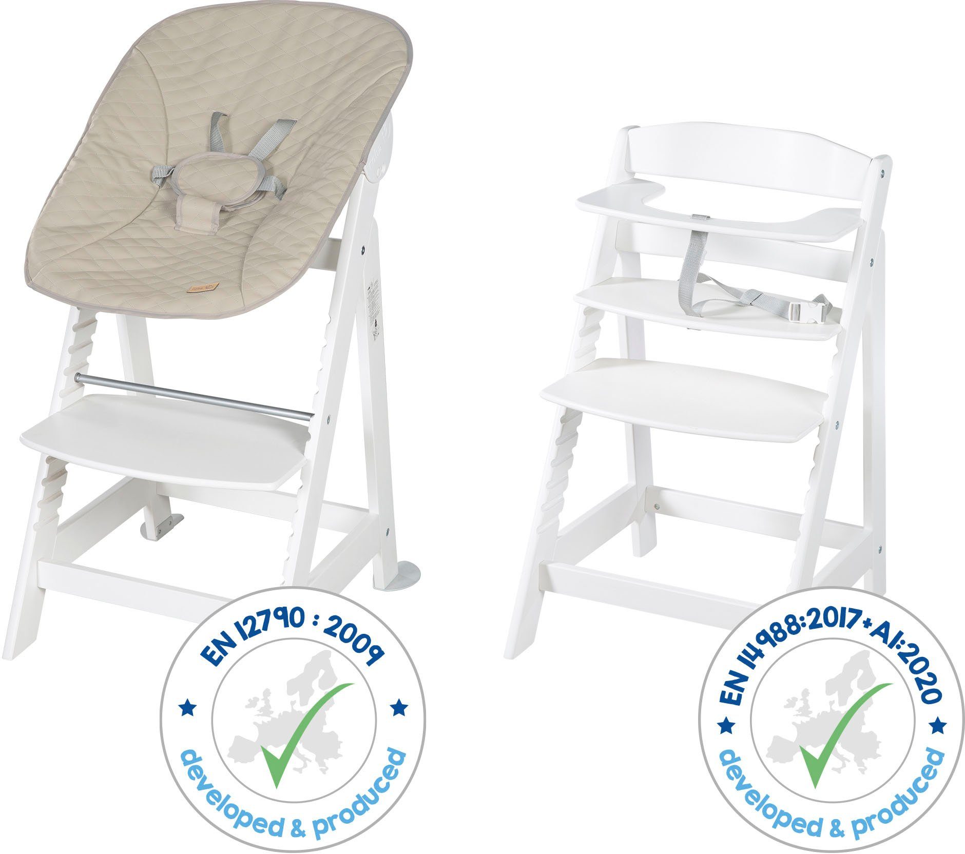 roba® Hochstuhl Treppenhochstuhl 2-in-1 Set Born Up weiß, mit Neugeborenen-Aufsatz, Greyish gesteppt
