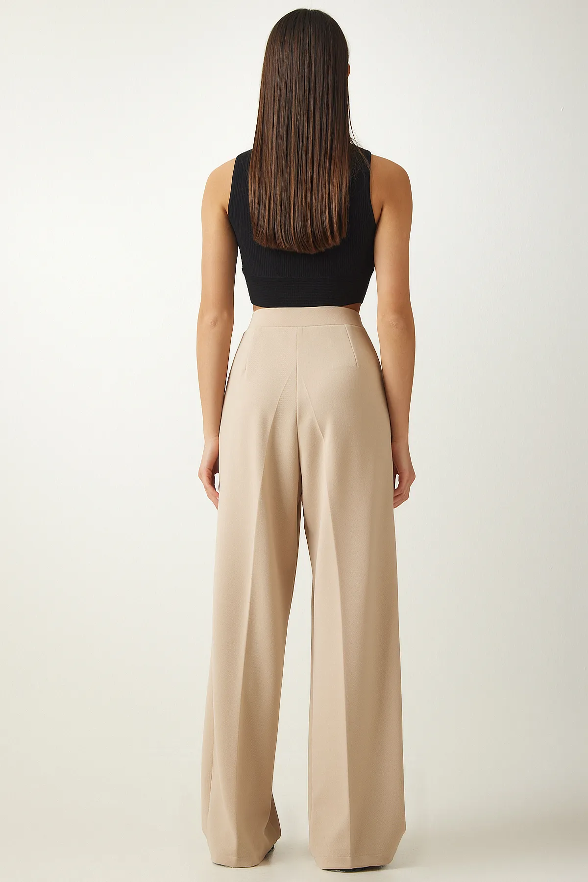 Happiness İstanbul  Cremefarbene Palazzo-Hose mit Falten für Damen DW00004