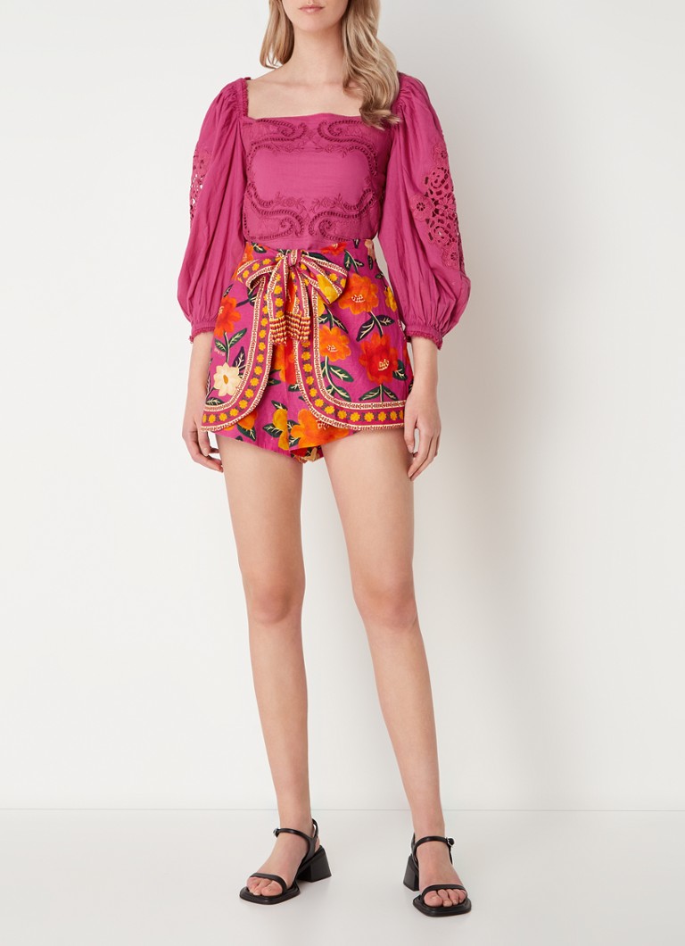Farm Rio Crop top with embroidery and balloon sleeves