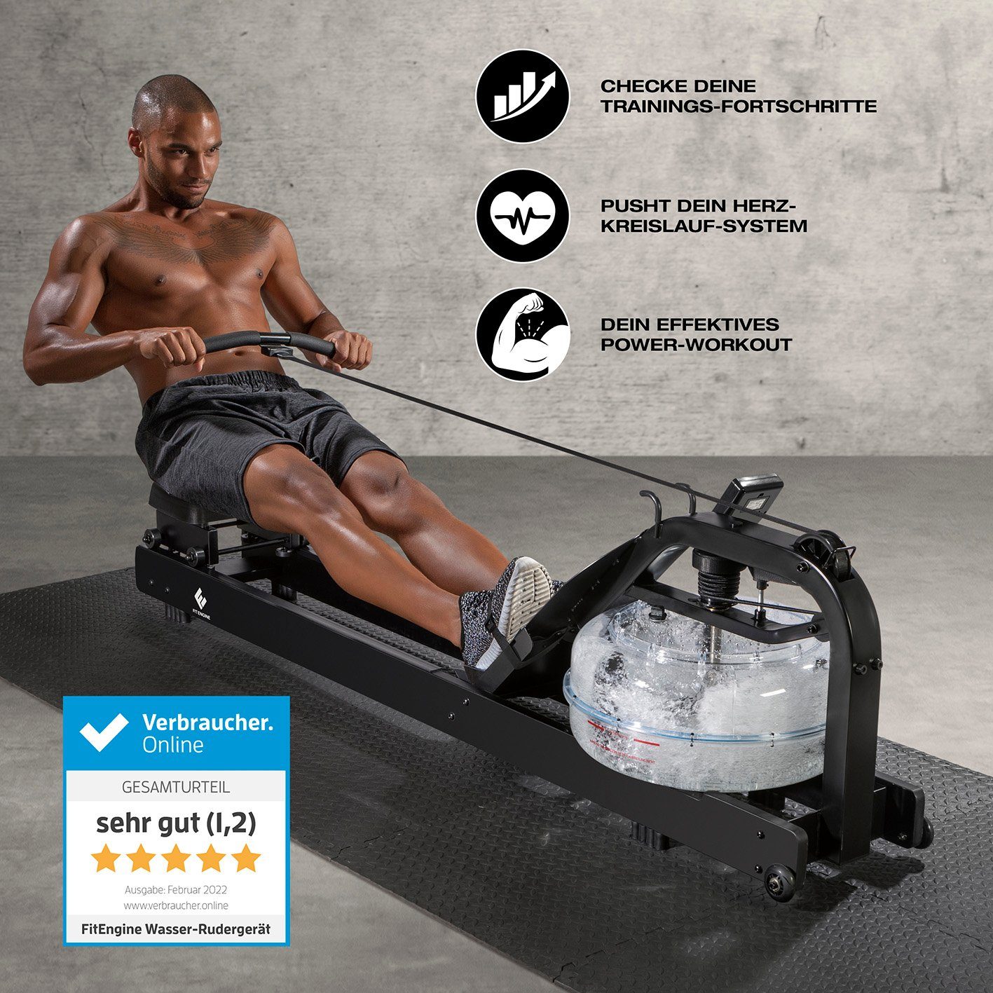 FitEngine Rudergerät Wasserrudergerät Echtholz Trainingscomputer 210cm schwarz, Wasserwiderstand passt sich automatisch an