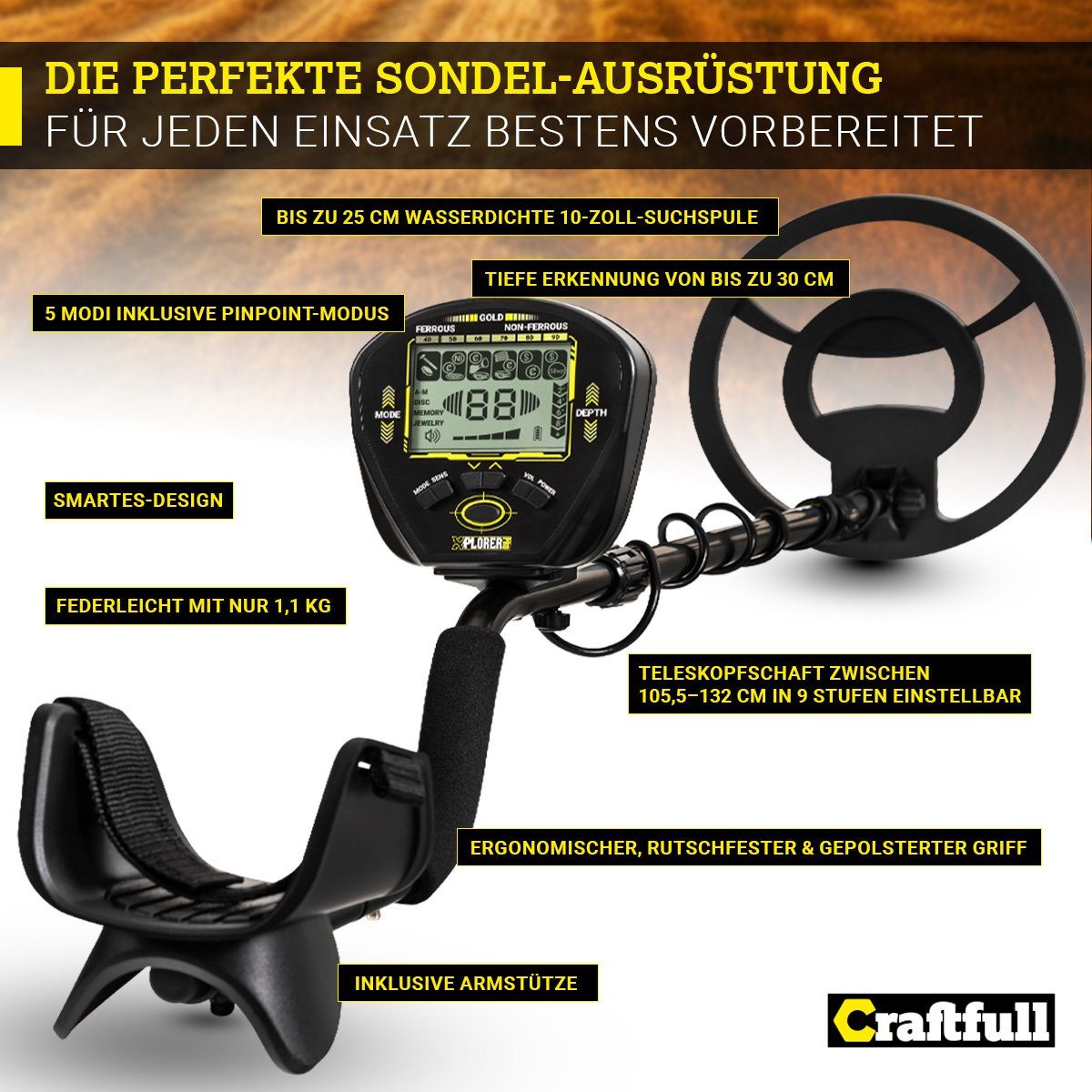 Craftfull Metalldetektor Metallsuchgerät Detector Komplettset XPlorer Pro inkl. Transporttasche, mit Gürtel-Tasche, Sondeln bis 30 cm Tiefe, 5 Modi, großes LCD-Display