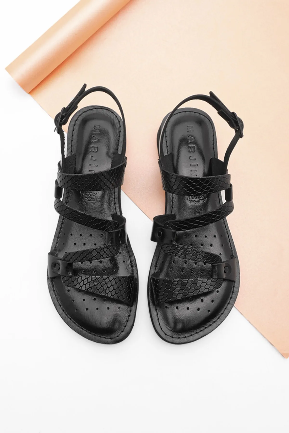 Marjin  Damen Sandalen aus echtem Leder, leichte Eva-Sohle, für den Alltag, Perte Black Snake