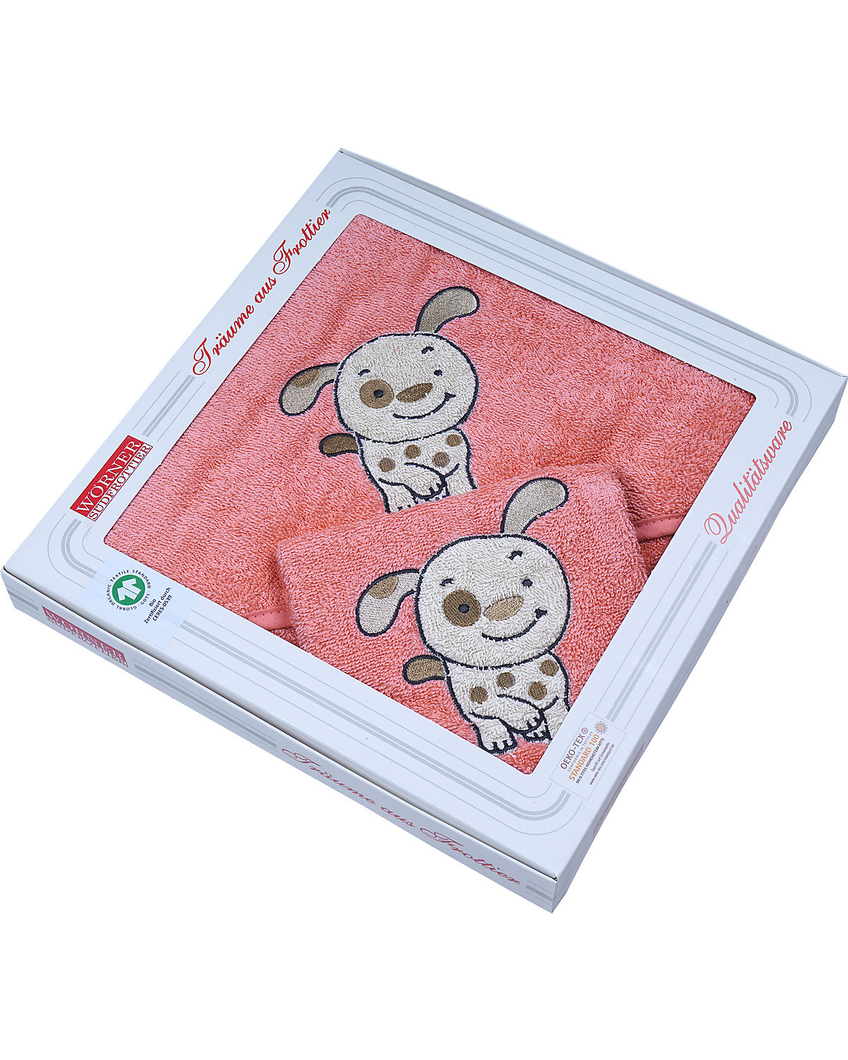 Geschenkbox Hund mit Kapuzenbadetuch + Waschhandschuh