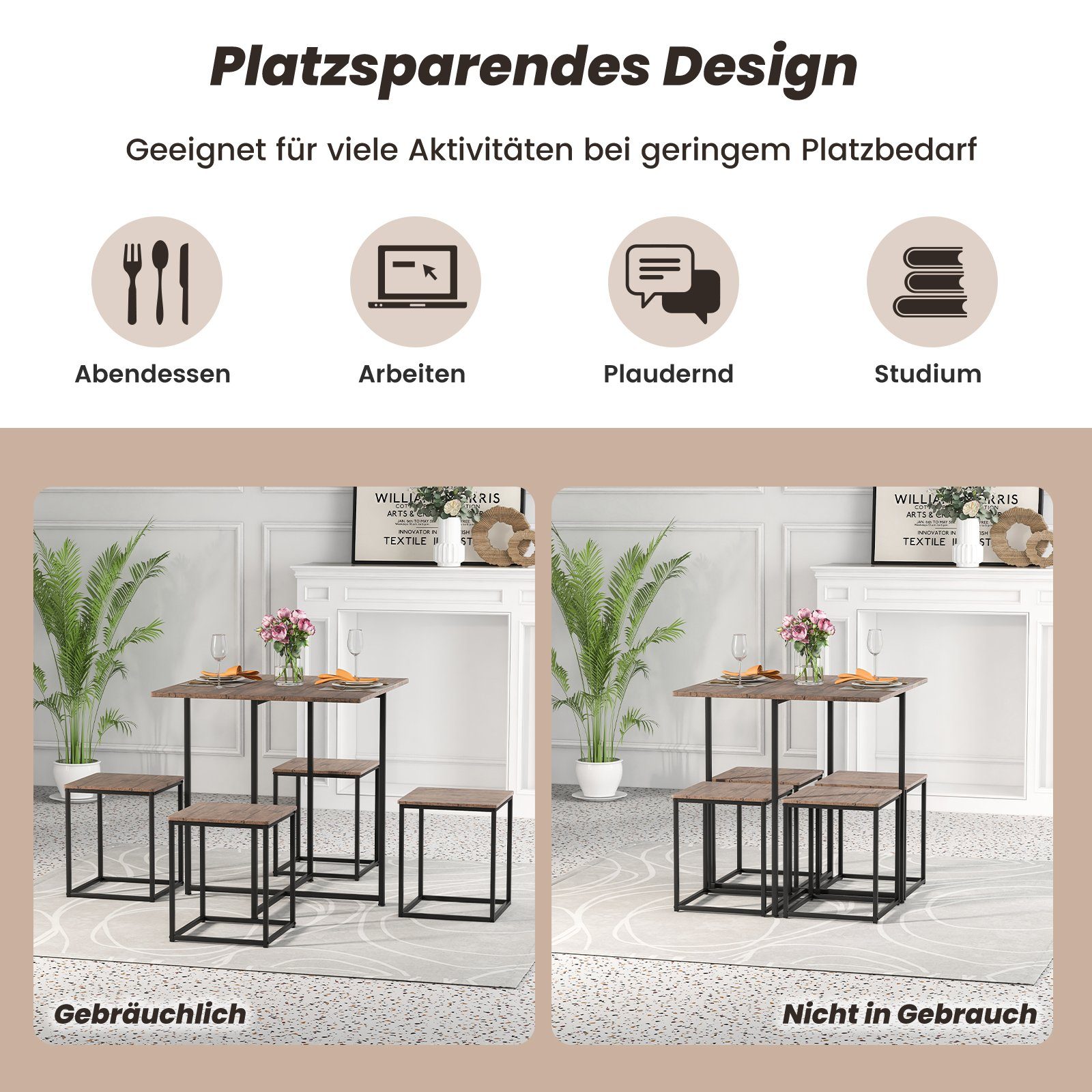 COSTWAY Bartisch (5 TLG), mit 4 Hockern, Metallgestell, platzsparend