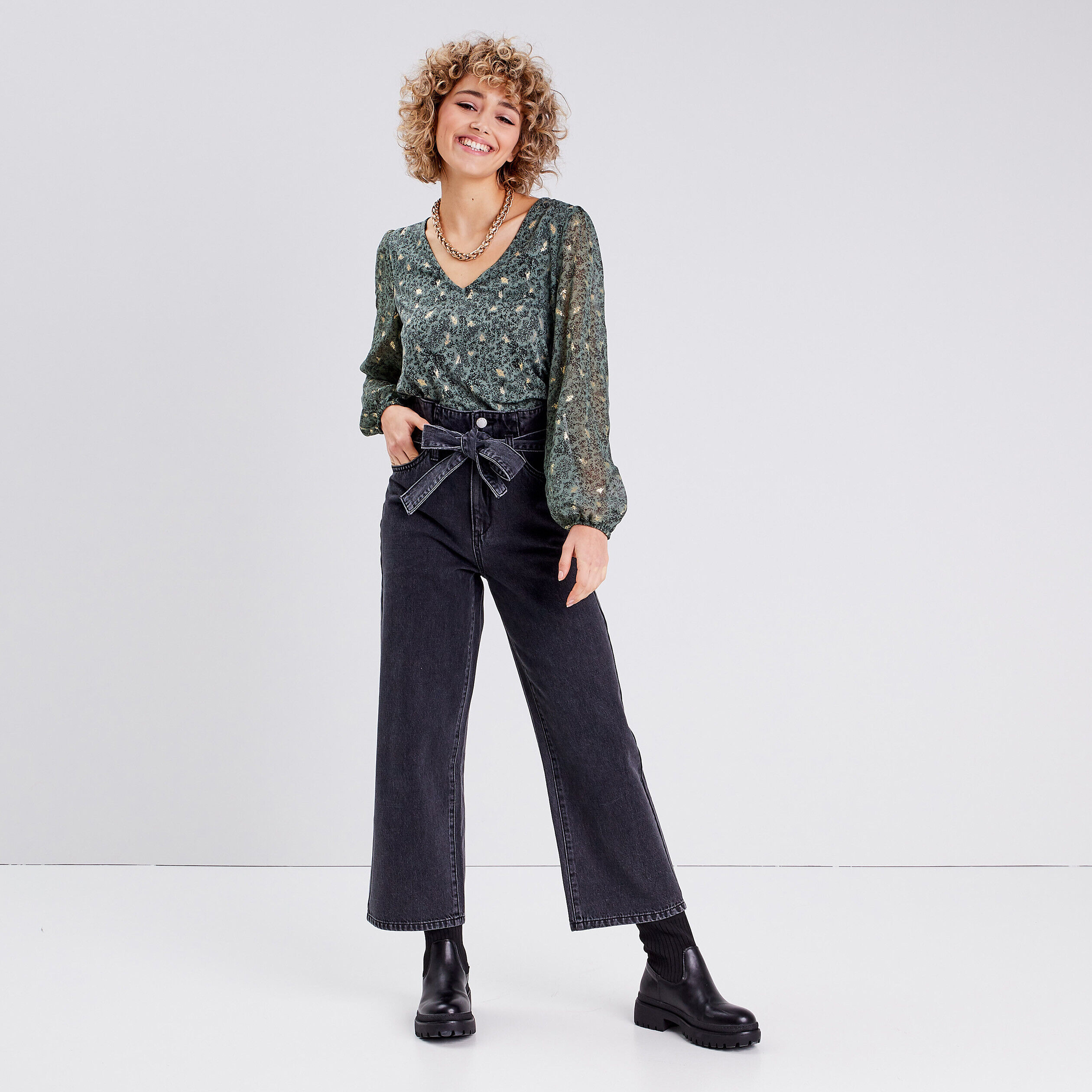 Jeans paperbag wide leg denim noir femme | Cache Cache