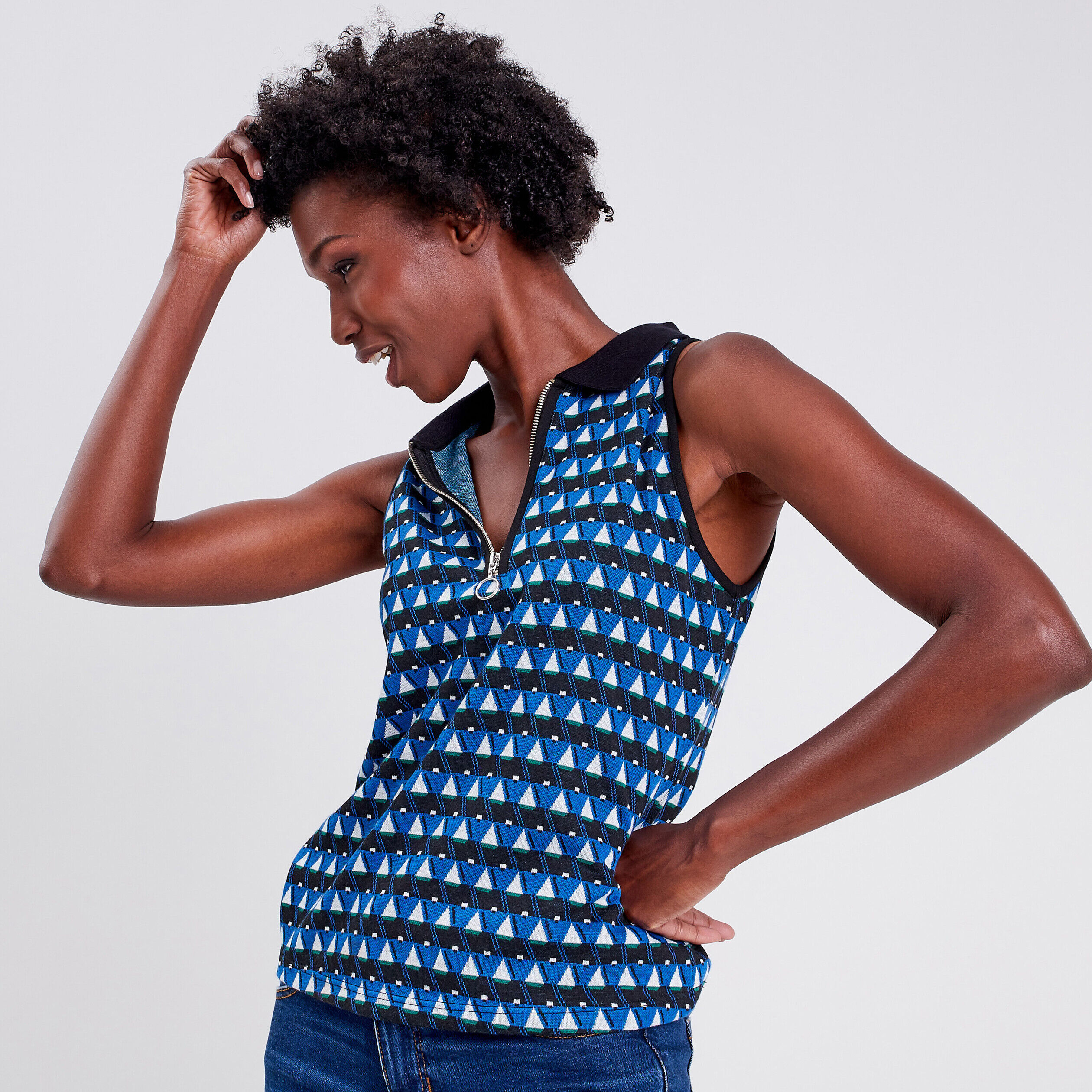 Polo sans manches bleu femme | Cache Cache