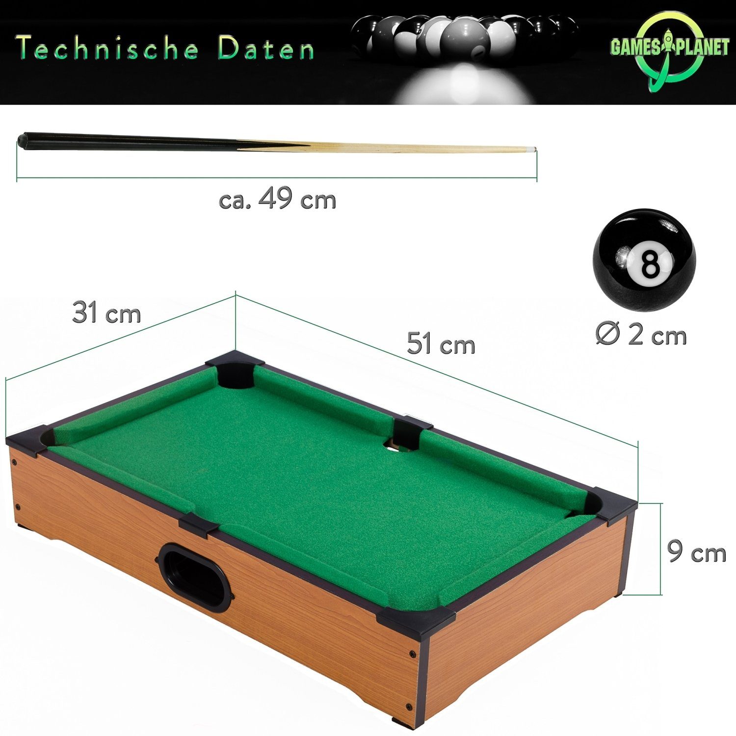 GAMES PLANET Billardtisch Mini Pool Billardtisch Nano inkl. Zubehör, (2 Queues, Kugeln, Dreieck, Kreide), 3 Dekore, Maße: 51x31x10cm
