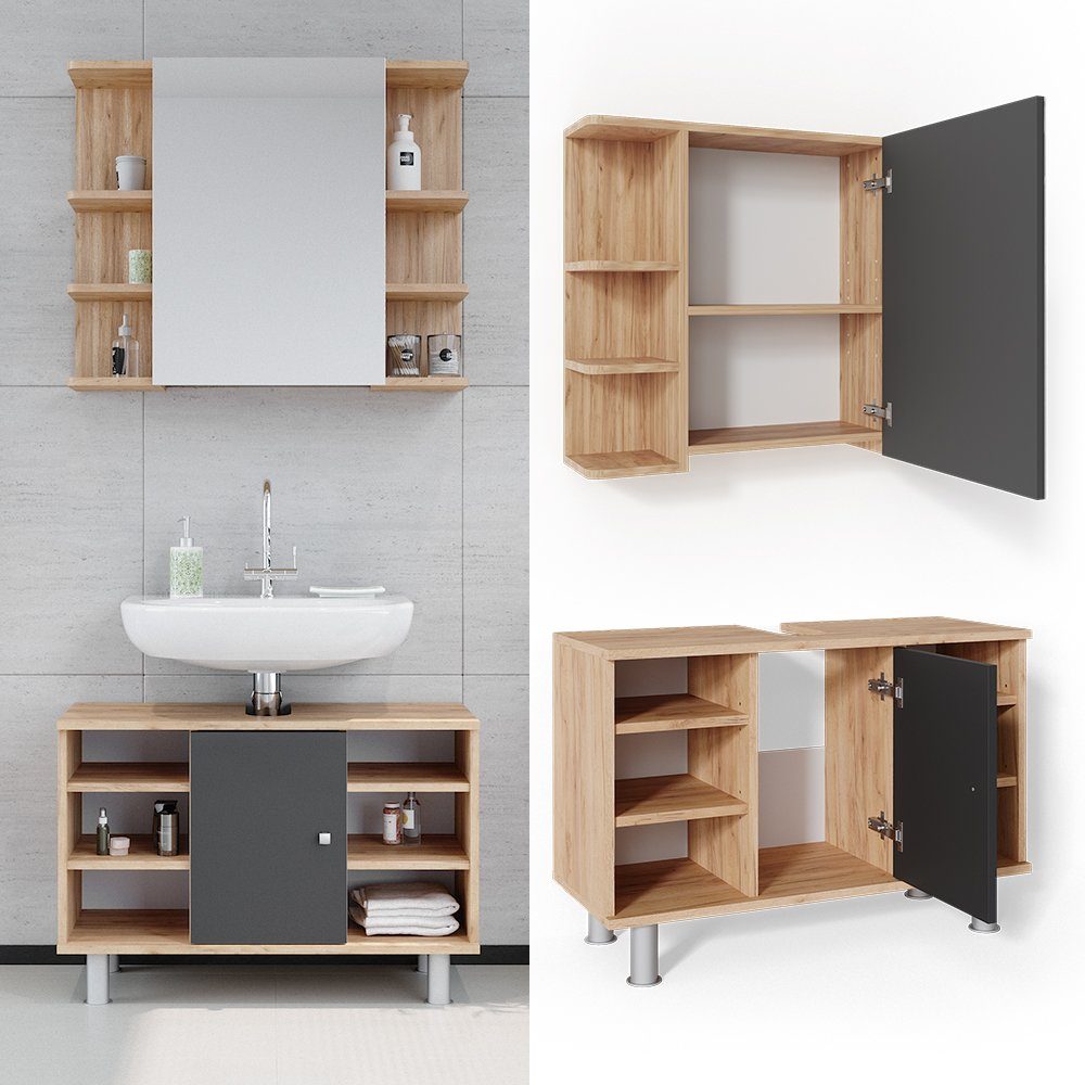 Vicco Badmöbel-Set Badezimmerset FYNN Eiche / Anthrazit Set 5, (2-er Set, 2-St., 2-er Set)