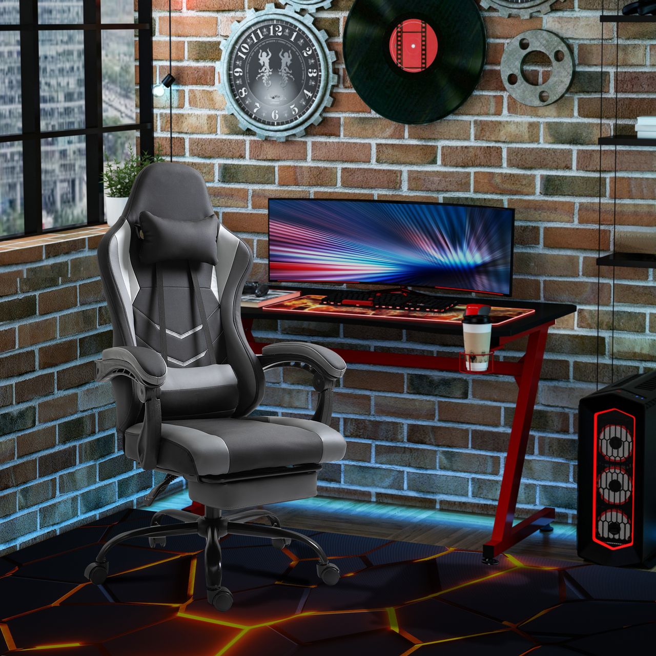 Vinsetto Ergonomischer Gaming Stuhl Bürostuhl Schreibtischstuhl, Drehstuhl Höhenverstellbar, Verstellbares Massage Lendenkissen mit Fußstützen Schwarz 62x52x128 cm