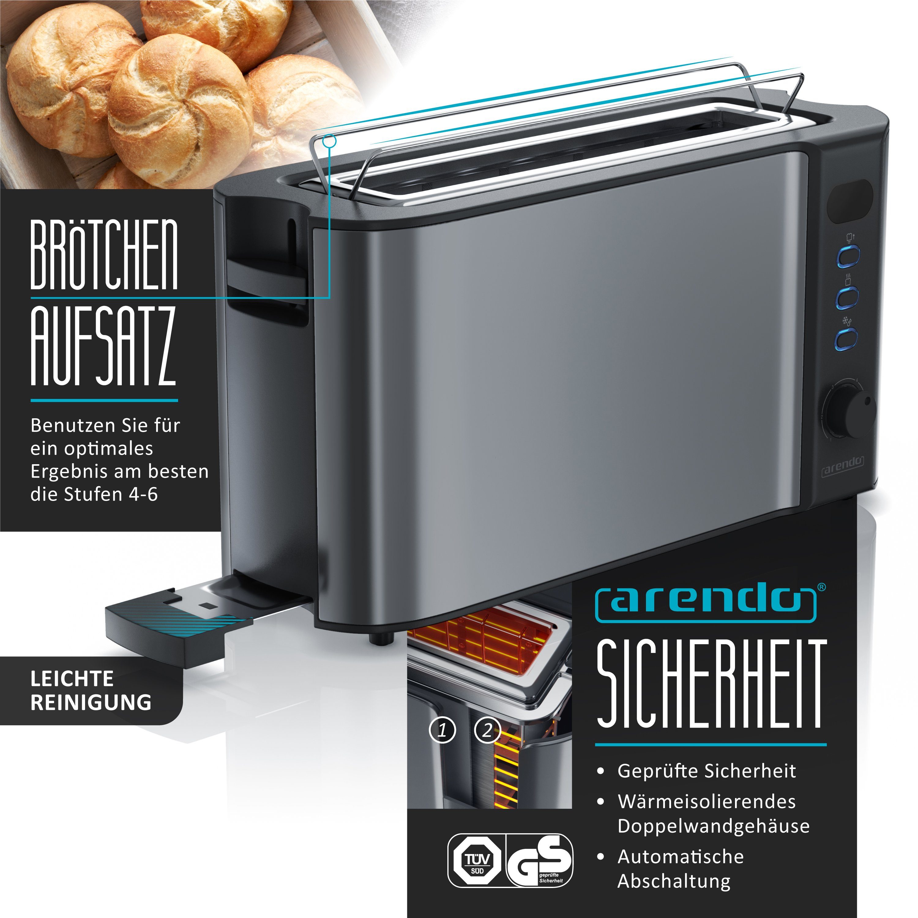 Arendo Frühstücks-Set (3-tlg), Wasserkocher 1,5l / Toaster / Eierkocher, Edelstahl, Grau