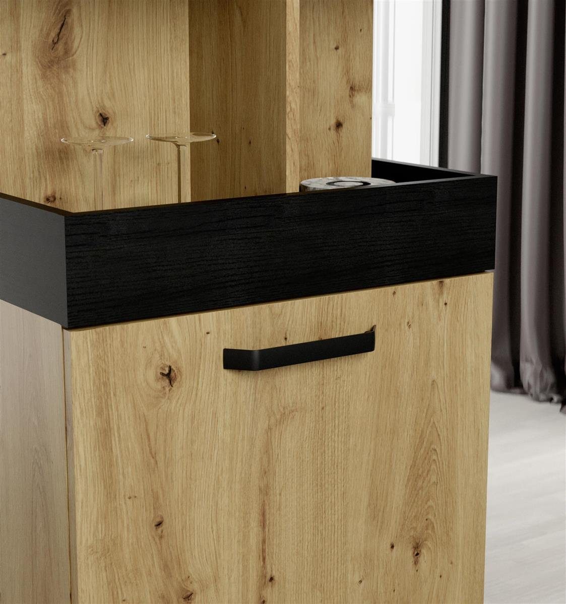 möbelando Barschrank Hydra Barschrank im modernen Industrial-Design aus Spanplatte in Artisan Eiche Nachbildung / Schwarz Eiche Nachbildung mit 1 Holztür, 1 Ablageboden, 4 offenen Fächern und 4 Rollen. Breite 50,2 cm, Höhe 88,5 cm, Tiefe 41,1 cm