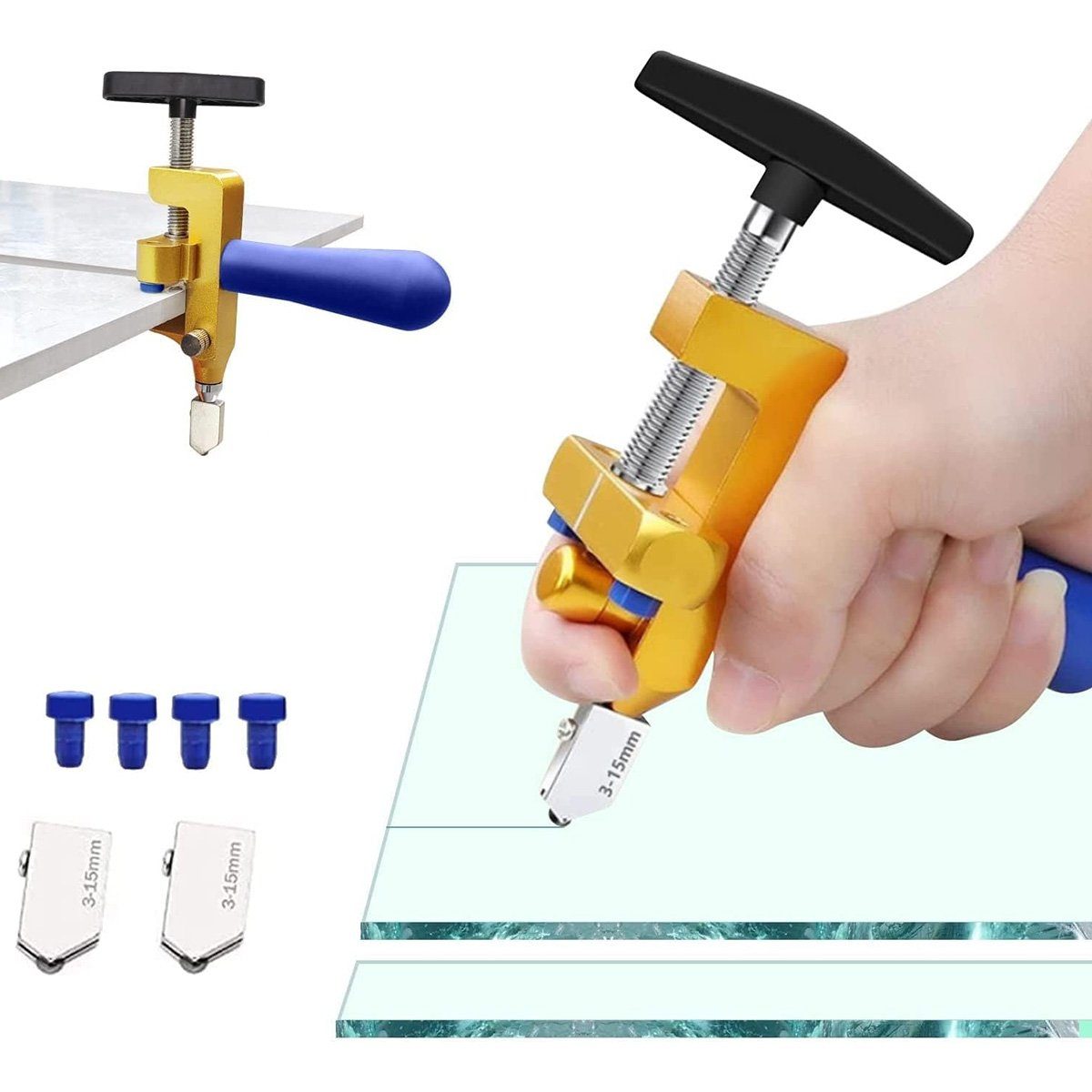 flowgoer Fliesenschneider 2-in-1 professioneller Glas- und Fliesenschneider, 1-tlg., Mit 2 Hartmetall-Schneidköpfen (3-15 mm) und 4 Kontaktfüßen