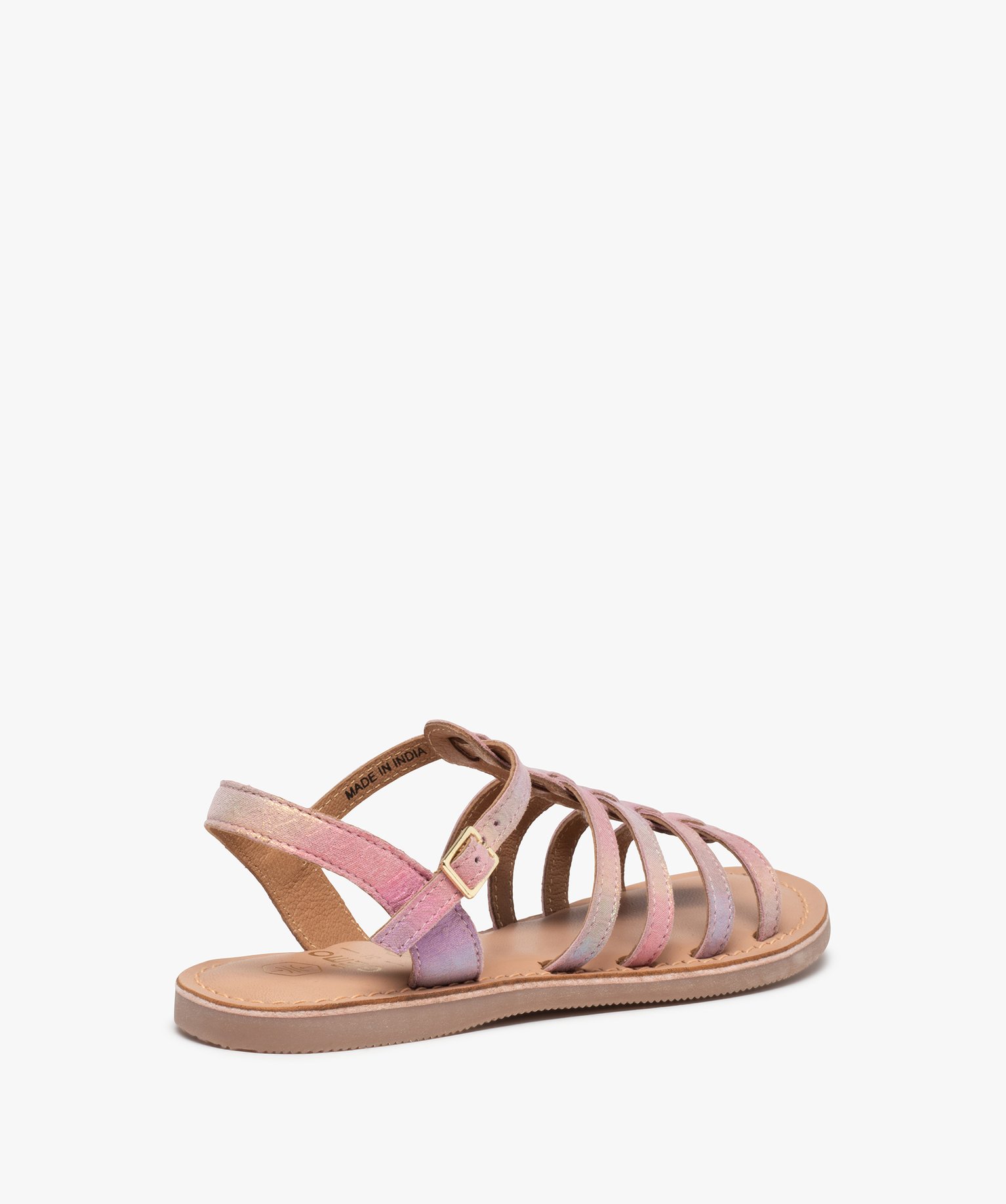 Sandales fille à brides multiples en cuir reflets irisés rose | GEMO