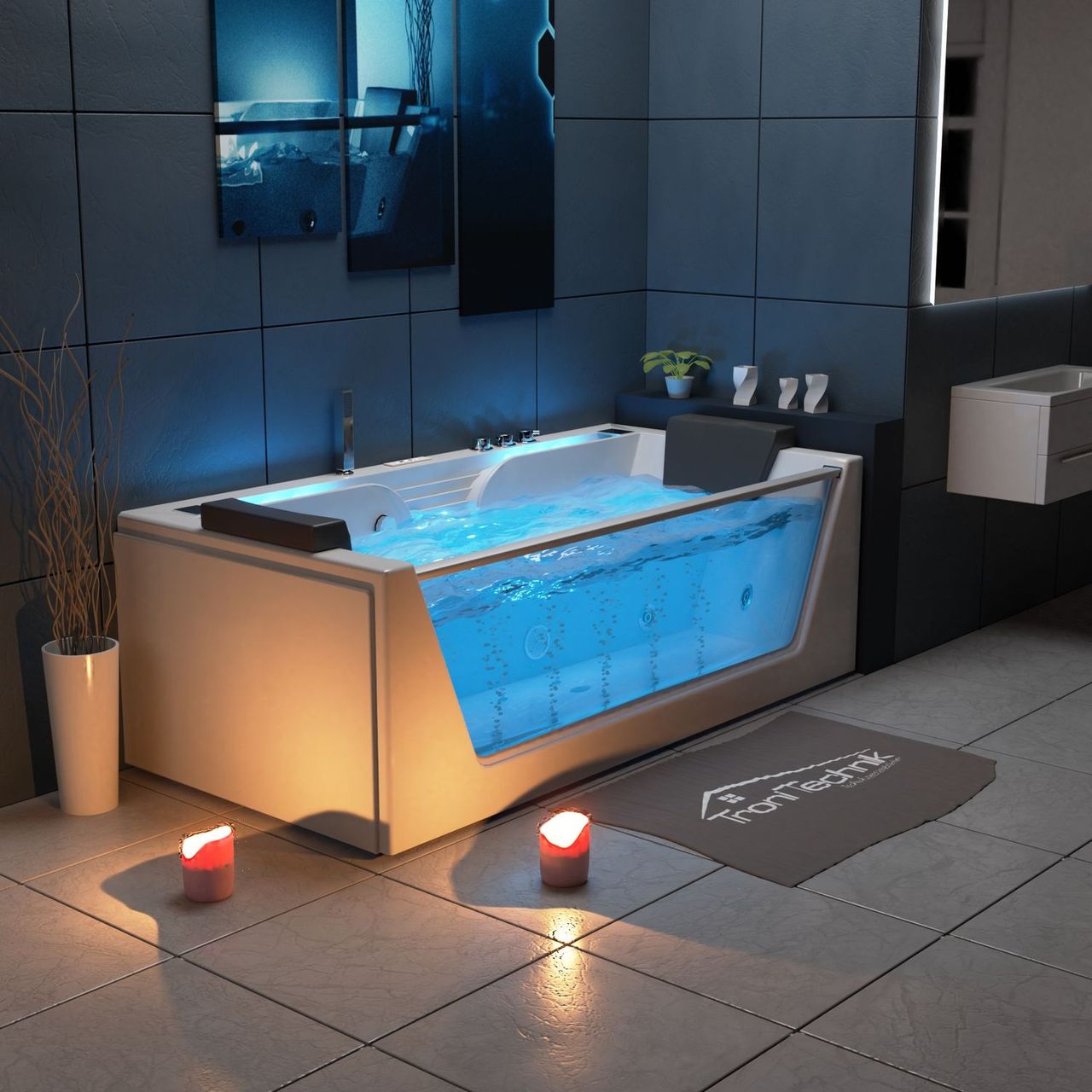 TroniTechnik Whirlpool Badewanne KOS 2 179cm x 85cm Heizung, Hydromassage, mit Bachlauf, Sanitäracryl