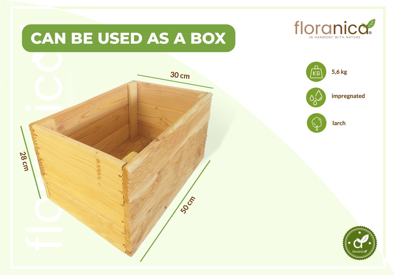 Pemicont Floranica Blumentopf aus Holz Kasten 50cm x 335cm x 285cm Natural Imprägnierte Lärche Gehäuse für Kräuter Blumen Haus- und Gartendekoration Innen- und Außenbereich EU-Produkt