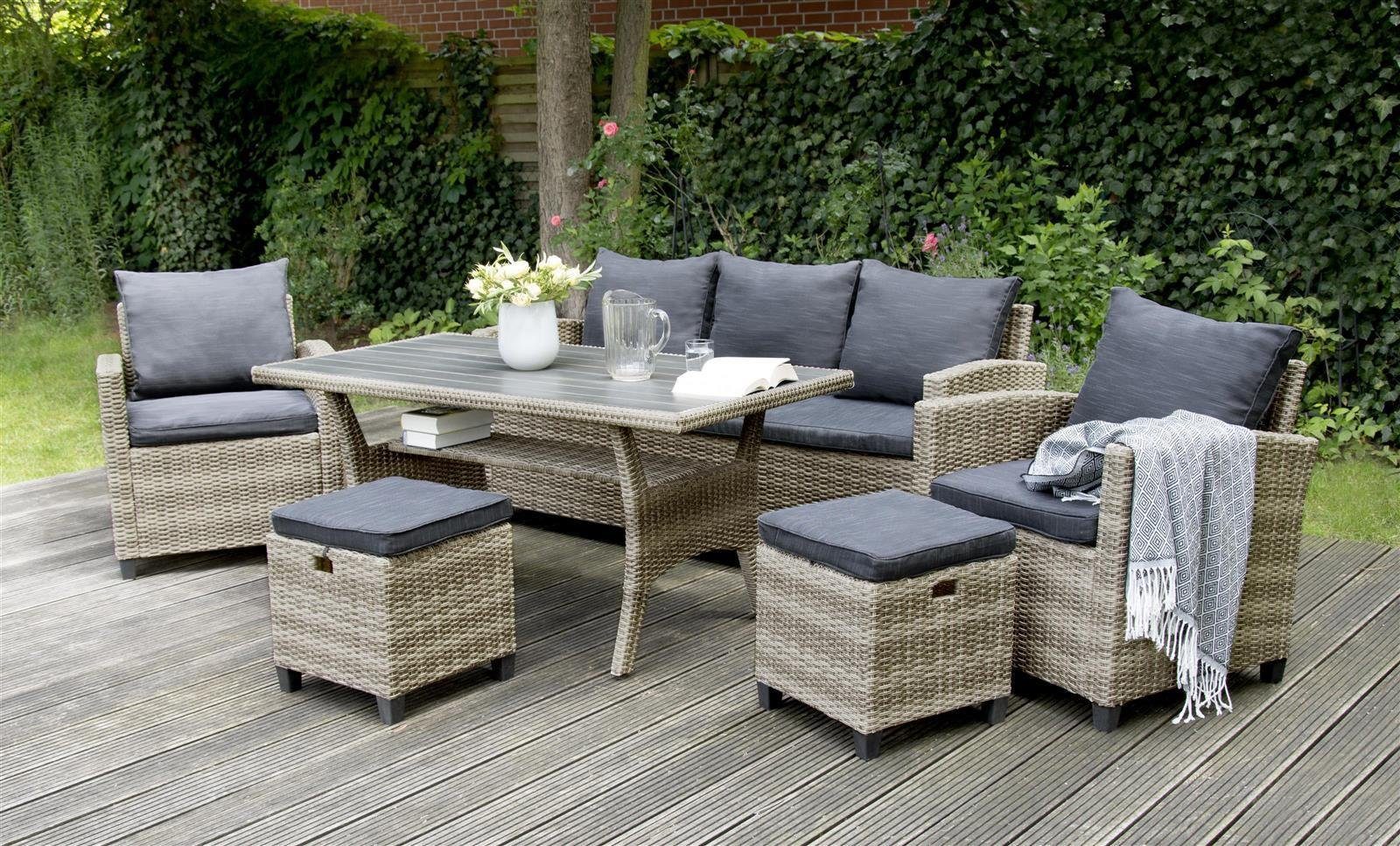 bellavista - Home&Garden® Loungeset Rattan Gartenmöbel Dininglounge Set Madeira II grau, (Set, 6-tlg)