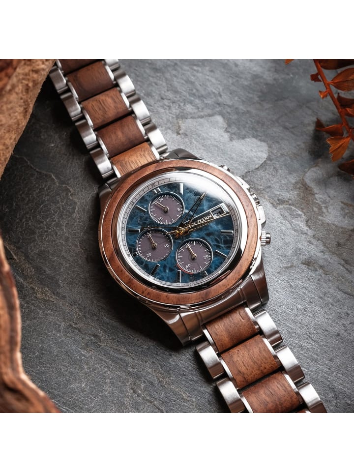 Holzkern Herren-Chronograph Solar Koh Mak Walnuss/Marmor Blau / Mehrfarbig / Silber günstig kaufen onesize