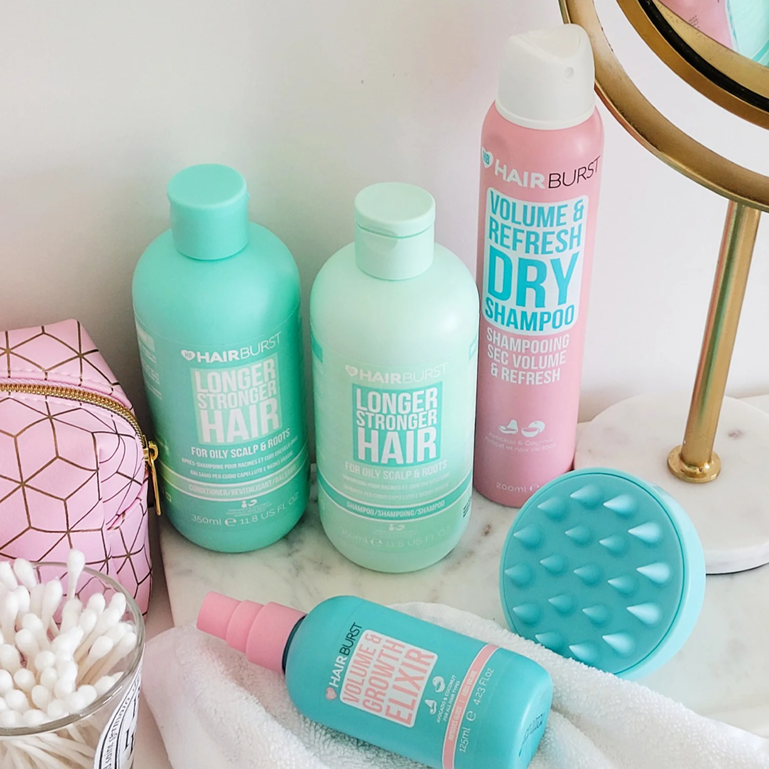 Shampoo e condicionador para cabelos oleosos, incluindo shampoo e condicionador purificantes.