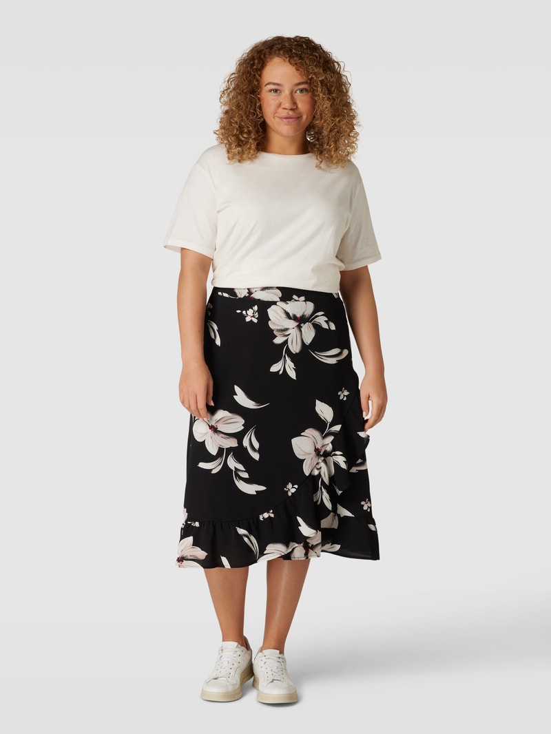 PLUS SIZE Midirock mit floralem Print in schwarz