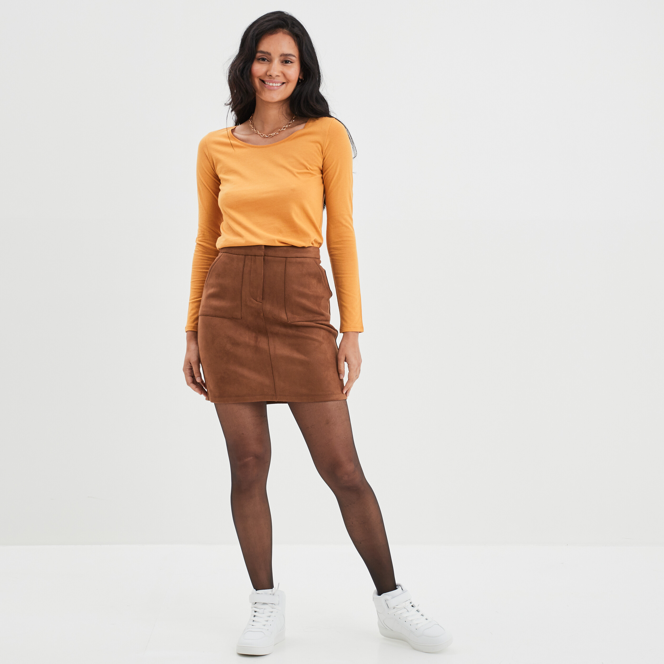 T-shirt coton manches longues jaune moutarde femme | La Halle