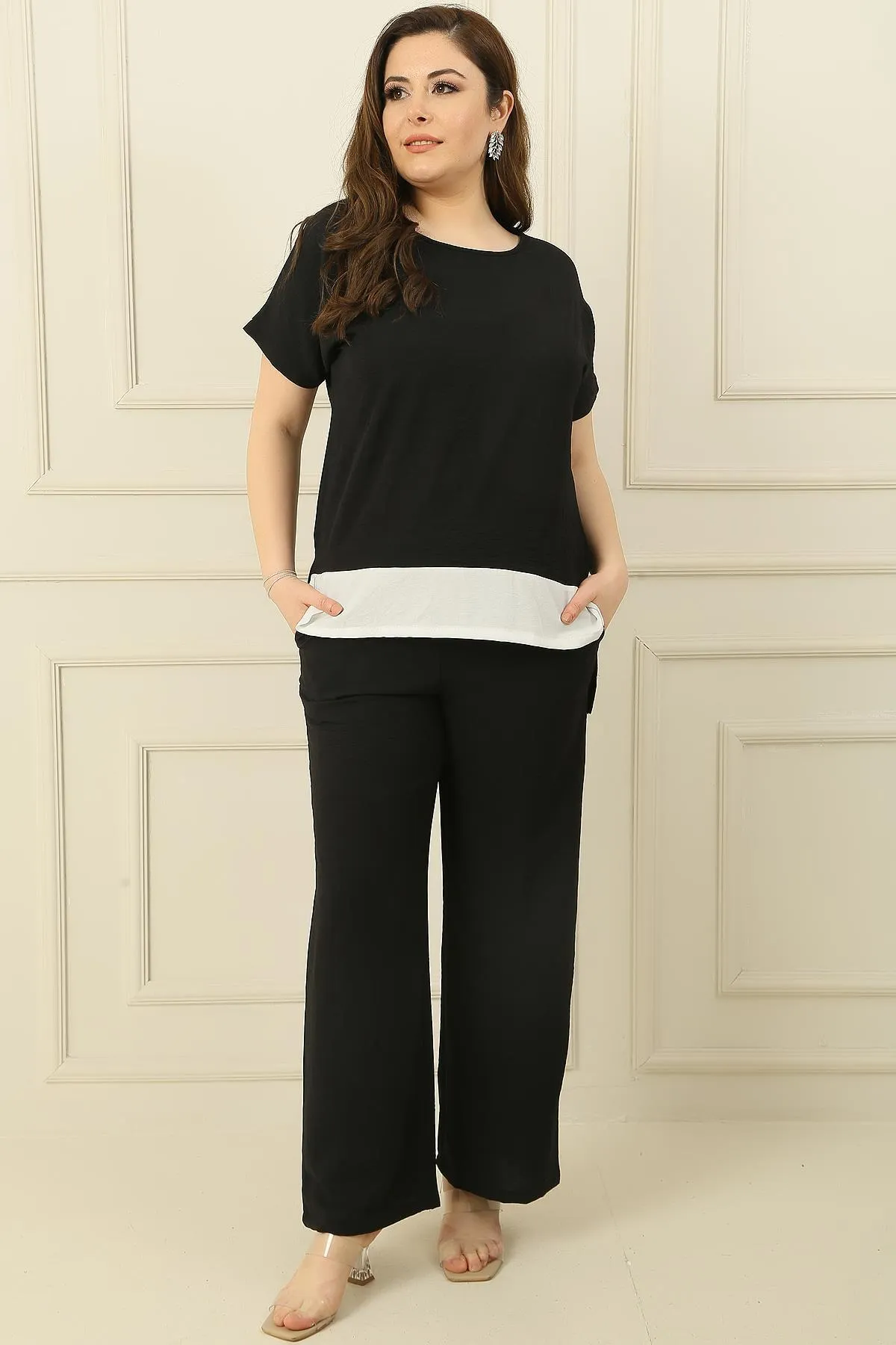 By Saygı  Verzierte Bluse vorne, elastische Taille, Tasche, Palazzo-Hose, Ayrobin, großes 2-teiliges Set