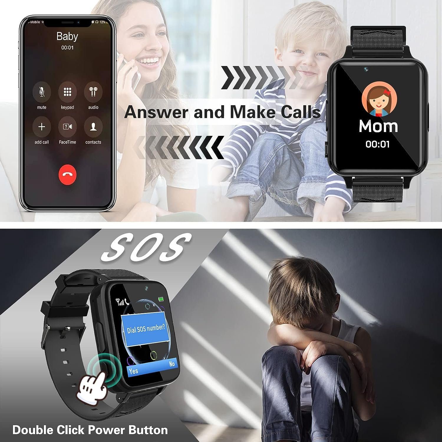 Igreeman Smartwatch (1,54 Zoll), für Kinder Telefon mit Anruffunktion SOS Musik Player Spiel Kamera Uhr