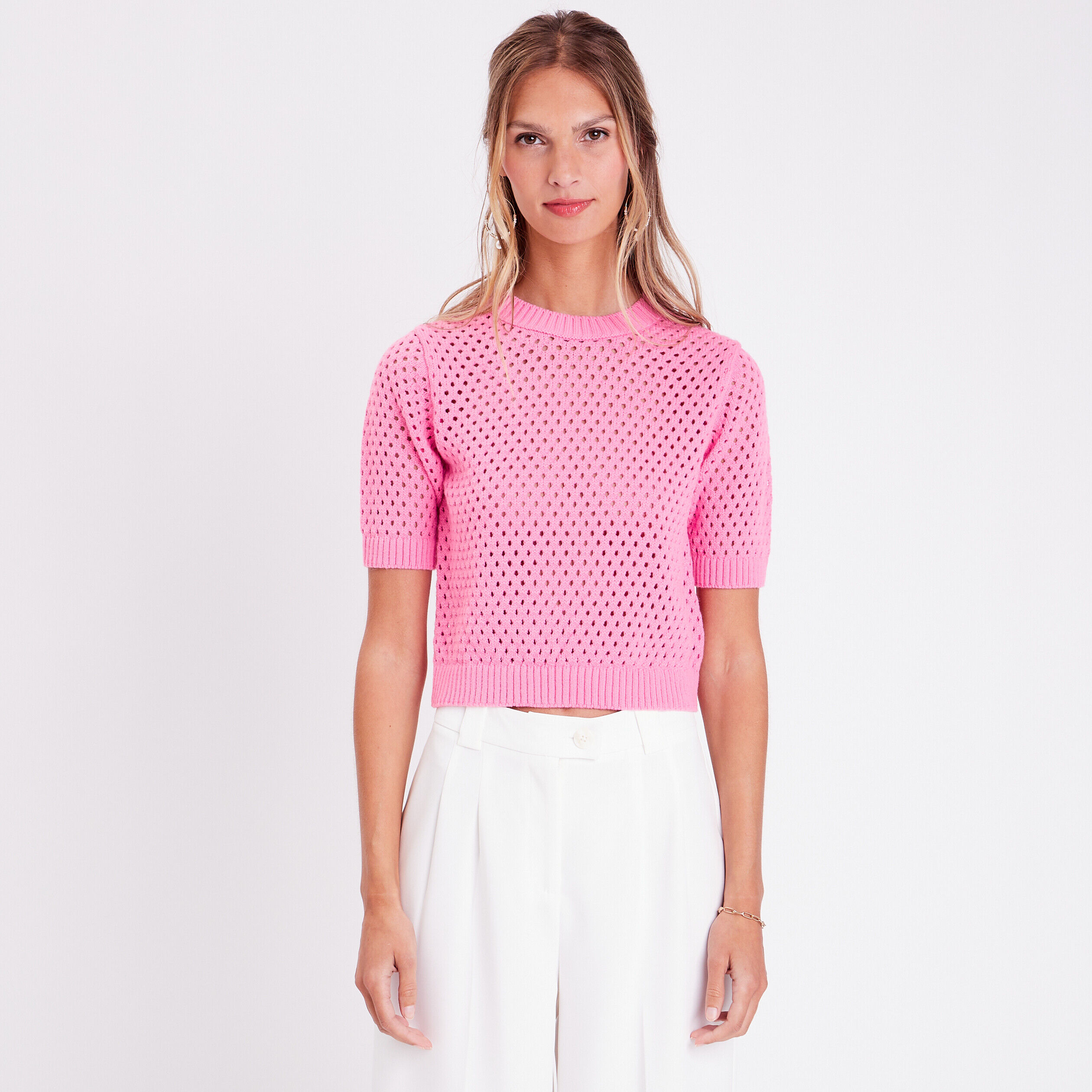Pull manches courtes ajouré rose femme | Cache Cache