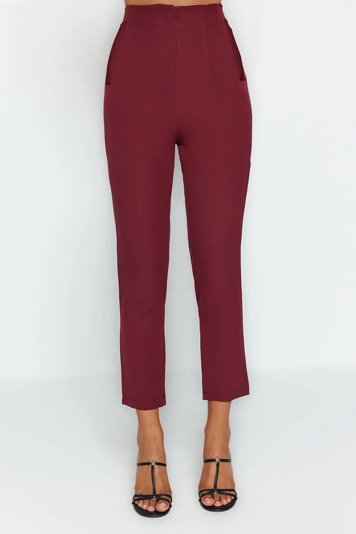 Trendyol Collection  Dunkelburgunderrote, zigarettengemusterte, gewebte Hose mit hoher Taille und knöchellangem Abnäher TWOSS20PL0515