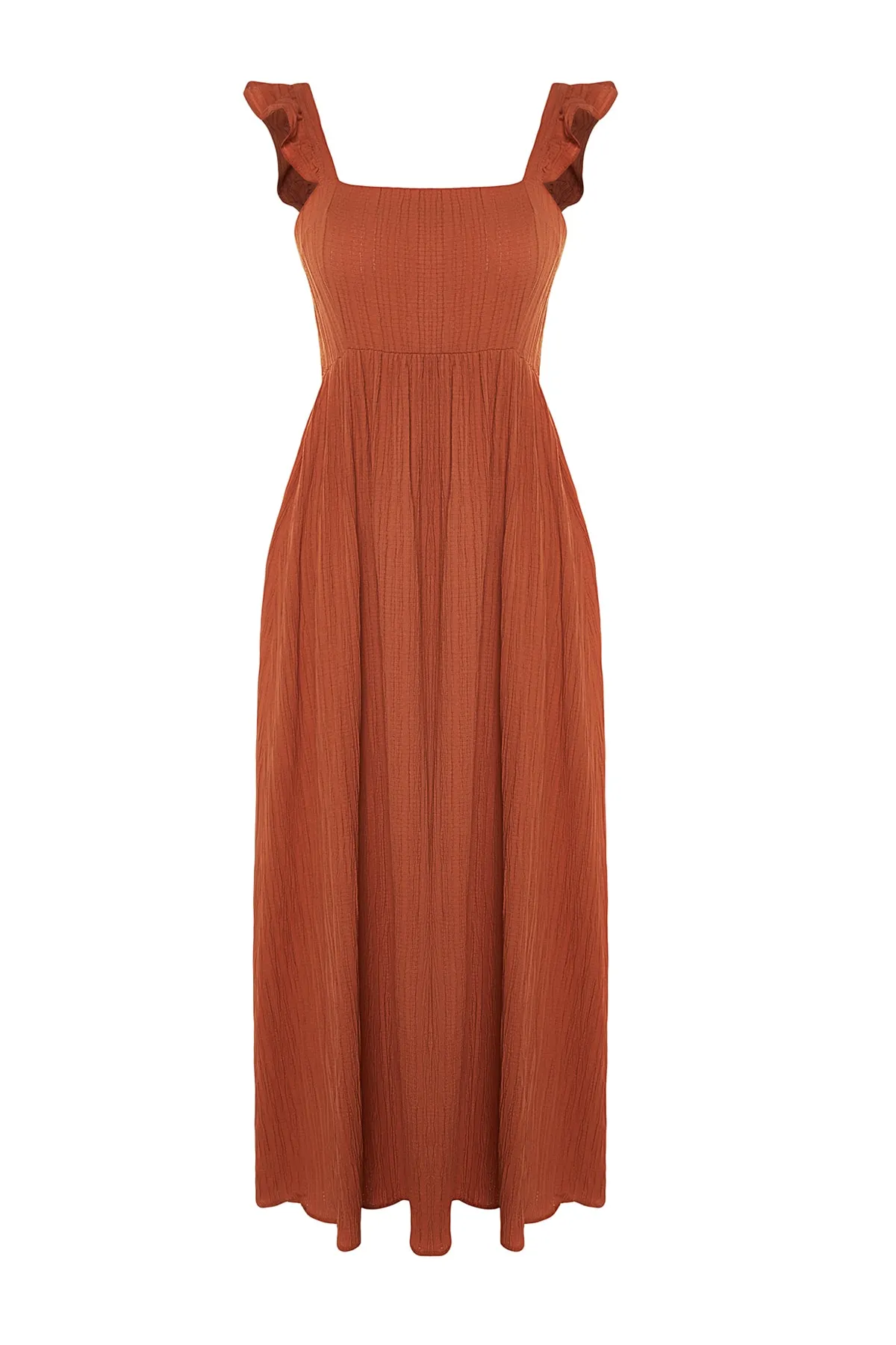 Trendyol Collection  Zimtfarbenes Maxi-Webkleid mit geradem Schnitt und quadratischem Ausschnitt und Rüschen, TWOSS23EL02273