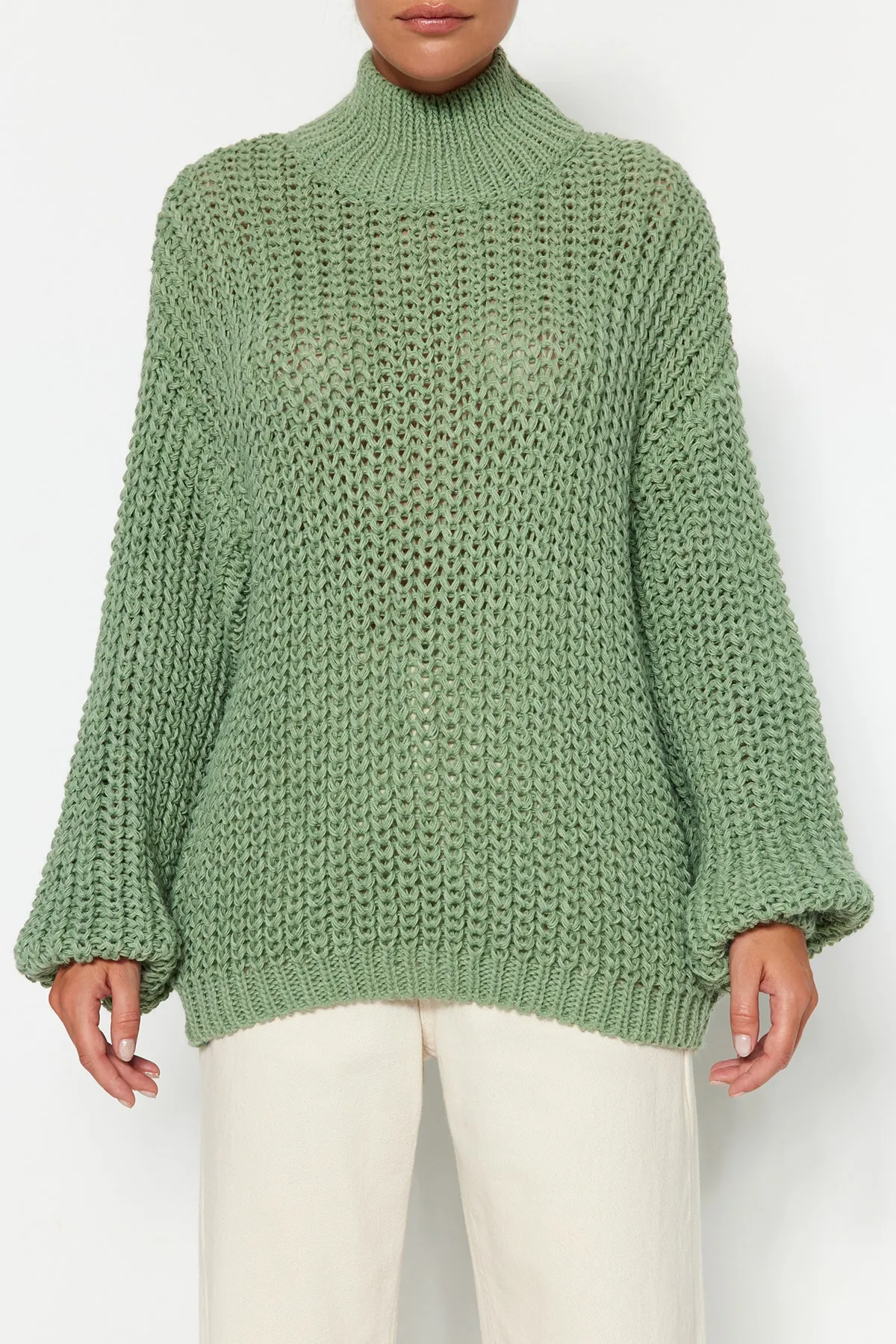 Trendyol Collection  Mintfarbener, weich strukturierter Strickpullover mit Basic-Kragen und weiter Passform TWOAW23KZ01810