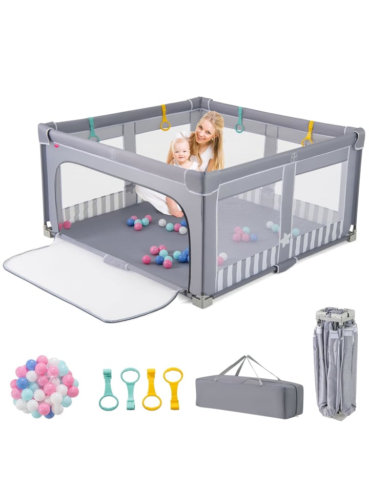 COSTWAY Laufgitter 150cm faltbar mit atmungsaktivem Netz & 50 Bälle in Grau günstig kaufen onesize
