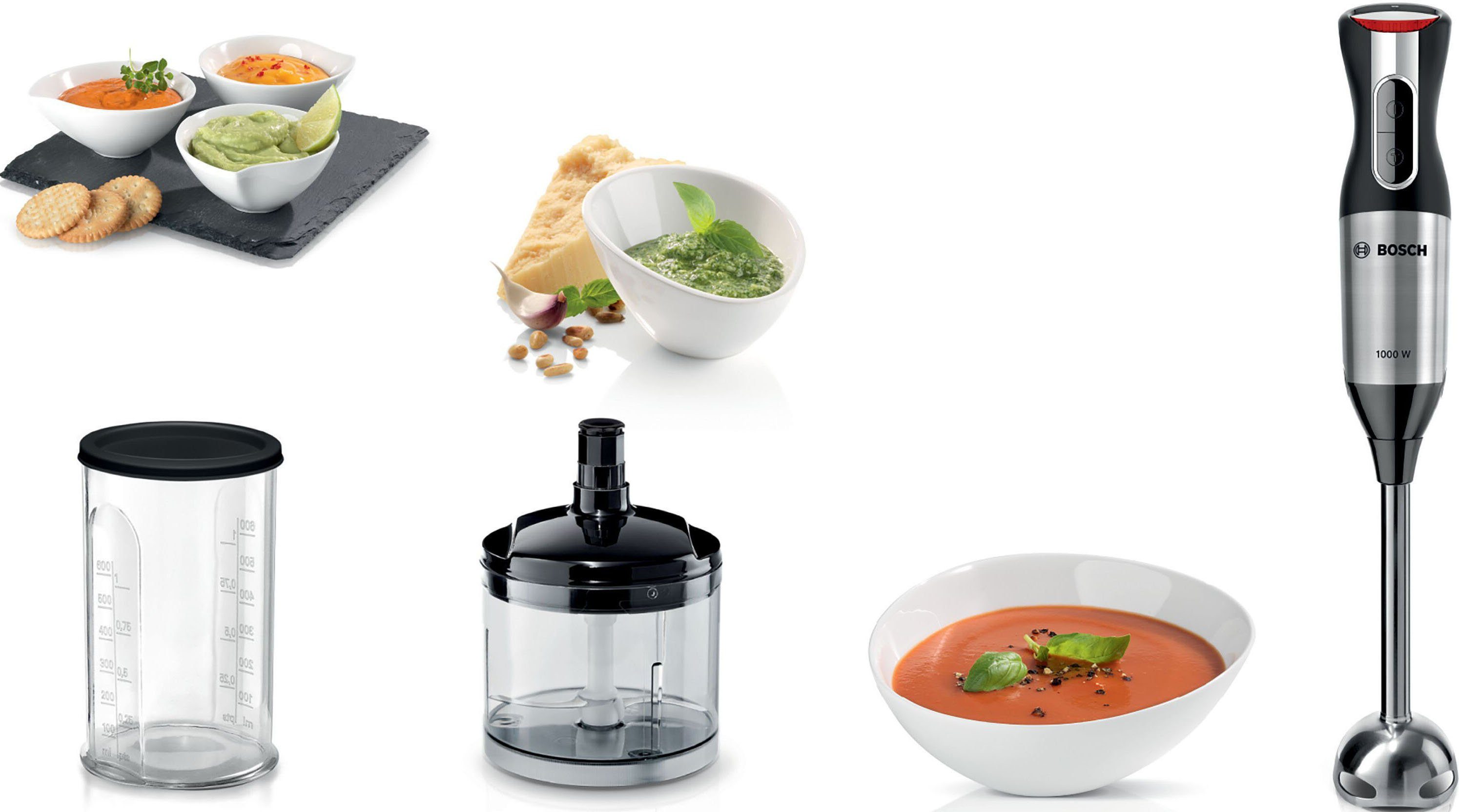 BOSCH Stabmixer ErgoMixx Style MS6CM6120, 1000 W, starke Leistung, 12 Geschwindigkeitsstufen, Mixbecher mit Deckel
