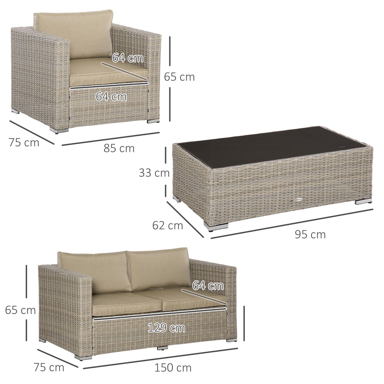 Outsunny 4-tlg. Polyrattan Gartenmöbel Set Gartengarnitur Garten-Set Sitzgruppe Loungeset Loungemöbel mit Couchtisch Sitzkissen Khaki Beige