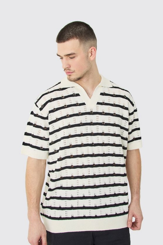 Tall kurzärmliges gehäkeltes Oversize Poloshirt mit Streifen