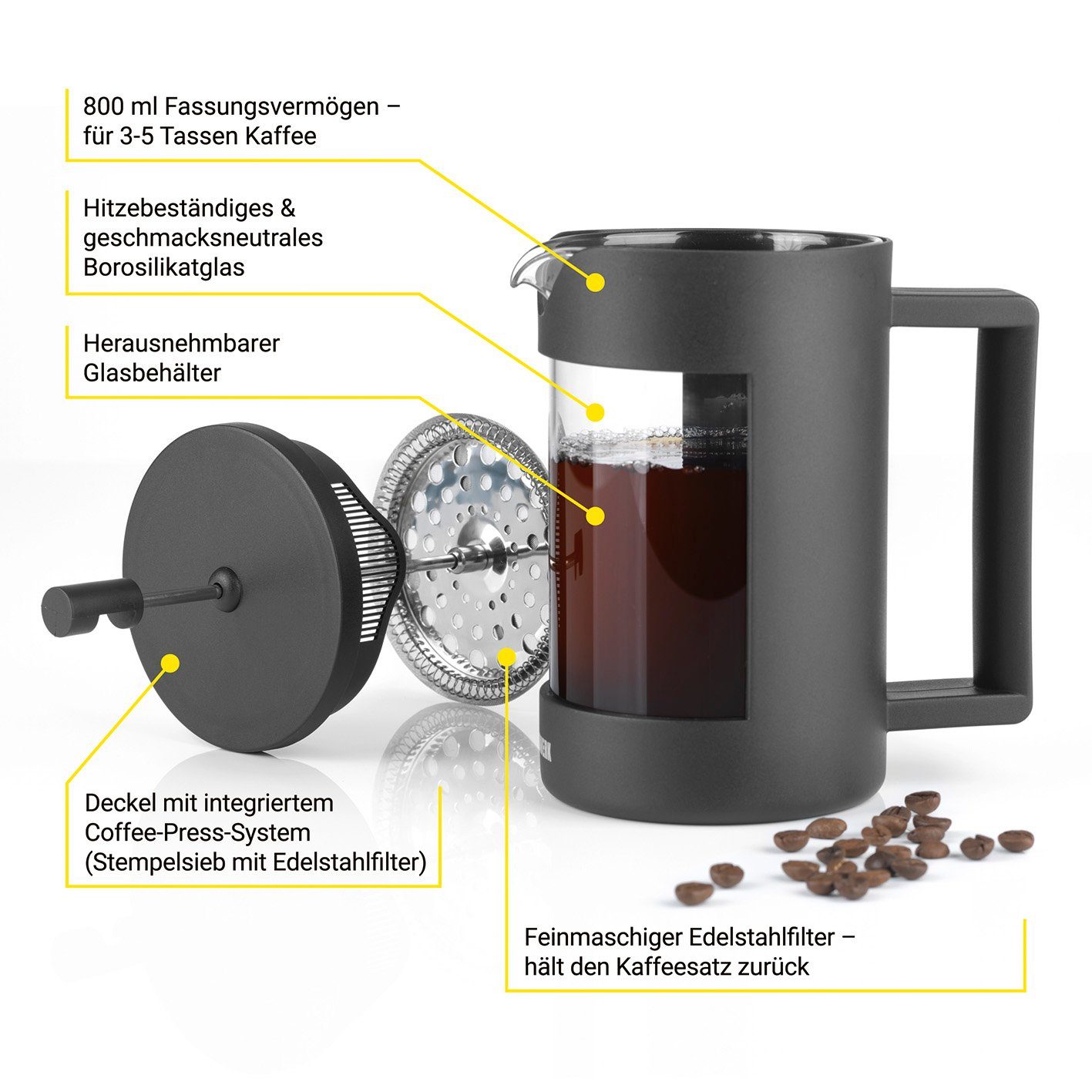 N8WERK Kaffeebereiter Kaffeepresse, Edelstahl Coffee-Press-System 800 ml