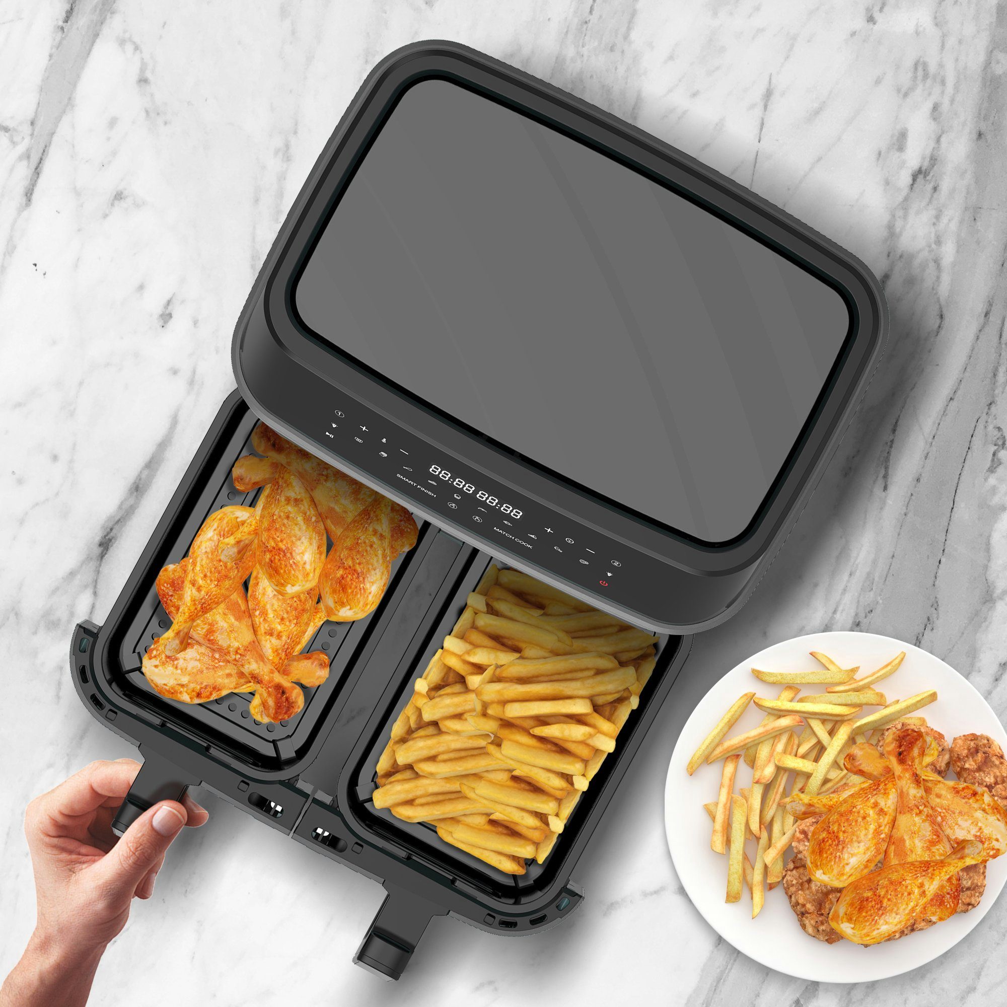 TurboTronic by Z-Line Heißluftfritteuse XXL Doppelkammer 2x 4,5 Liter, 50°C - 200°C, Power, dual, Camping, 1600 W, Fritteuse ohne Fett, digitaler doppel Airfryer Fettfrei