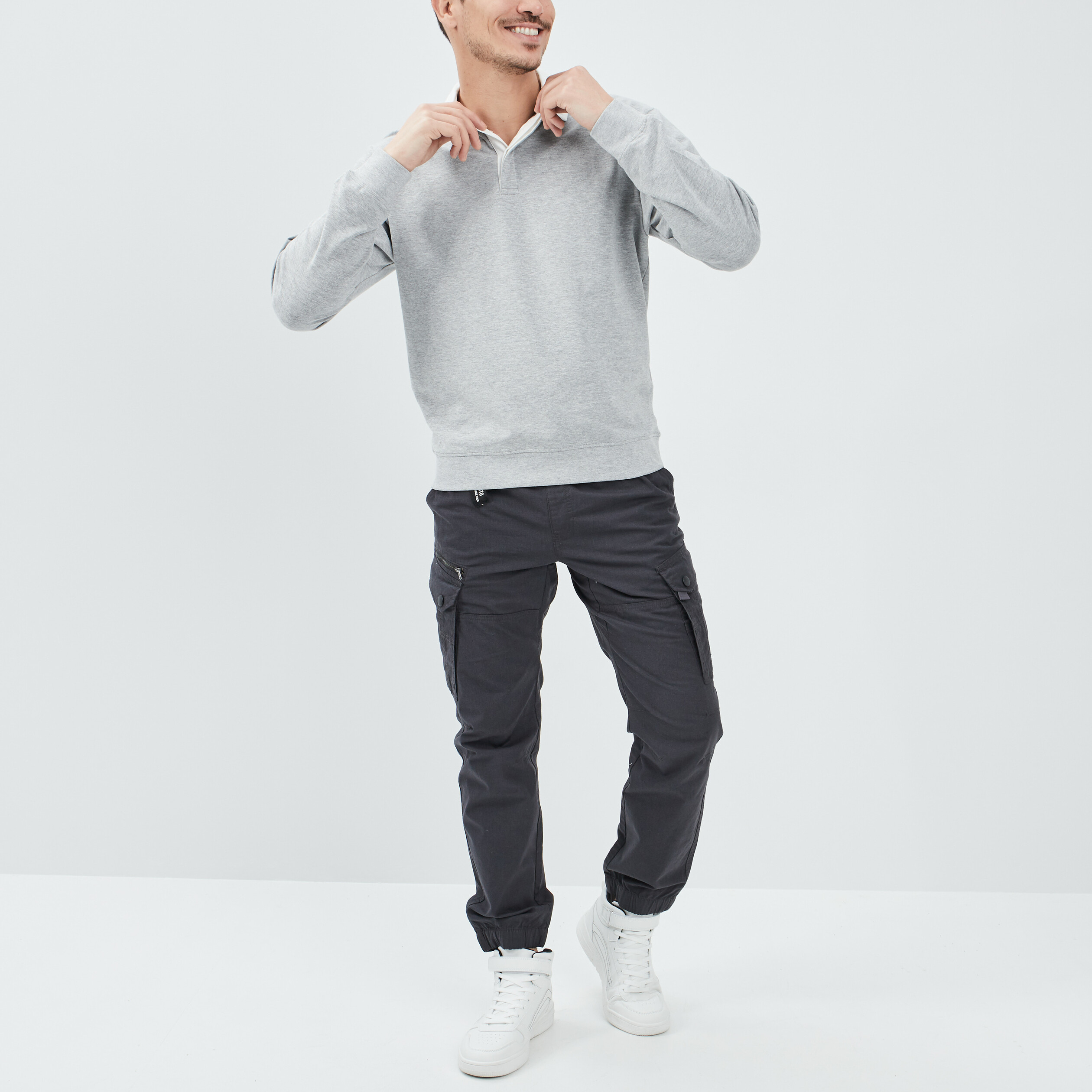 Polo manches longues gris clair homme | La Halle