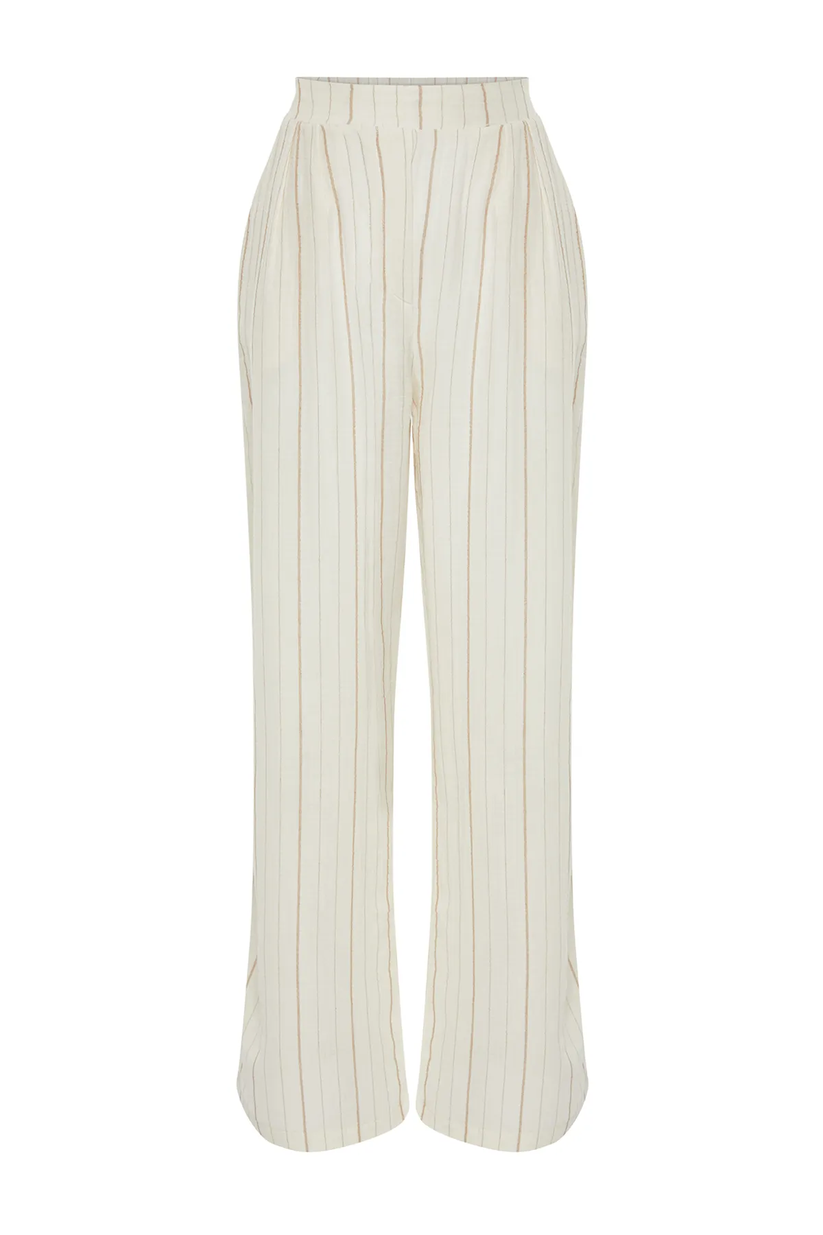 Trendyol Collection  Ecru gestreifte Hose mit weitem Bein/Webhose mit weitem Bein TWOSS24PL00145