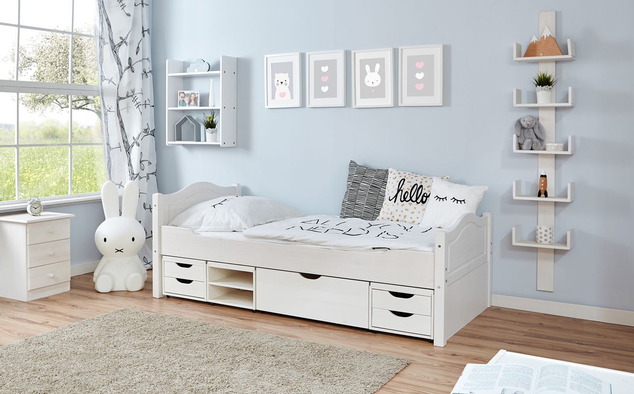 Ticaa Einzelbett Leni Kiefer weiß Var 3 - mit 4er Funktionsschubkasten
