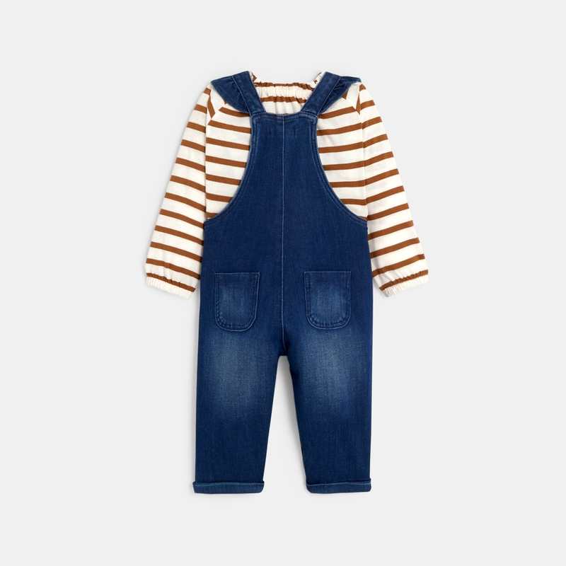 Salopette denim bleue et sweat rayé bébé fille
