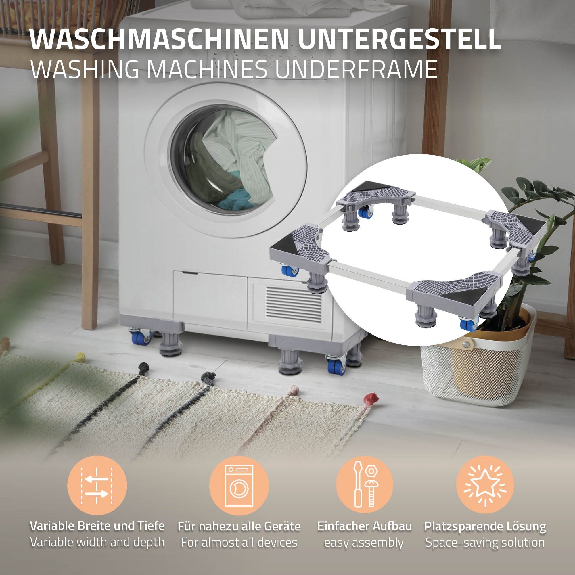 ECD Germany Waschmaschinenuntergestell Waschmaschinen Untergestell Podest rutschfest für Kühlschrank&Trockner, beweglich mit 8 Füßen 4 Räder verstellbar Breite 43-66cm Höhe 10-13cm