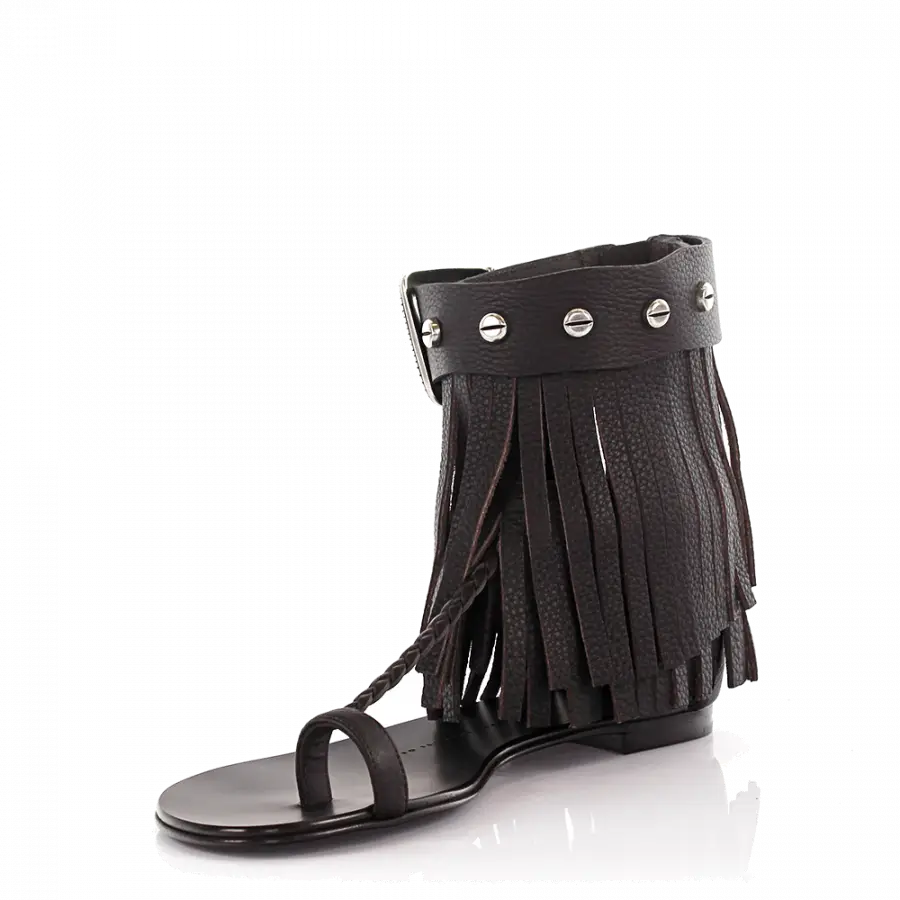 Giuseppe Zanotti - Riemchensandalen Kalbsleder Fransen dunkelbraun - braun