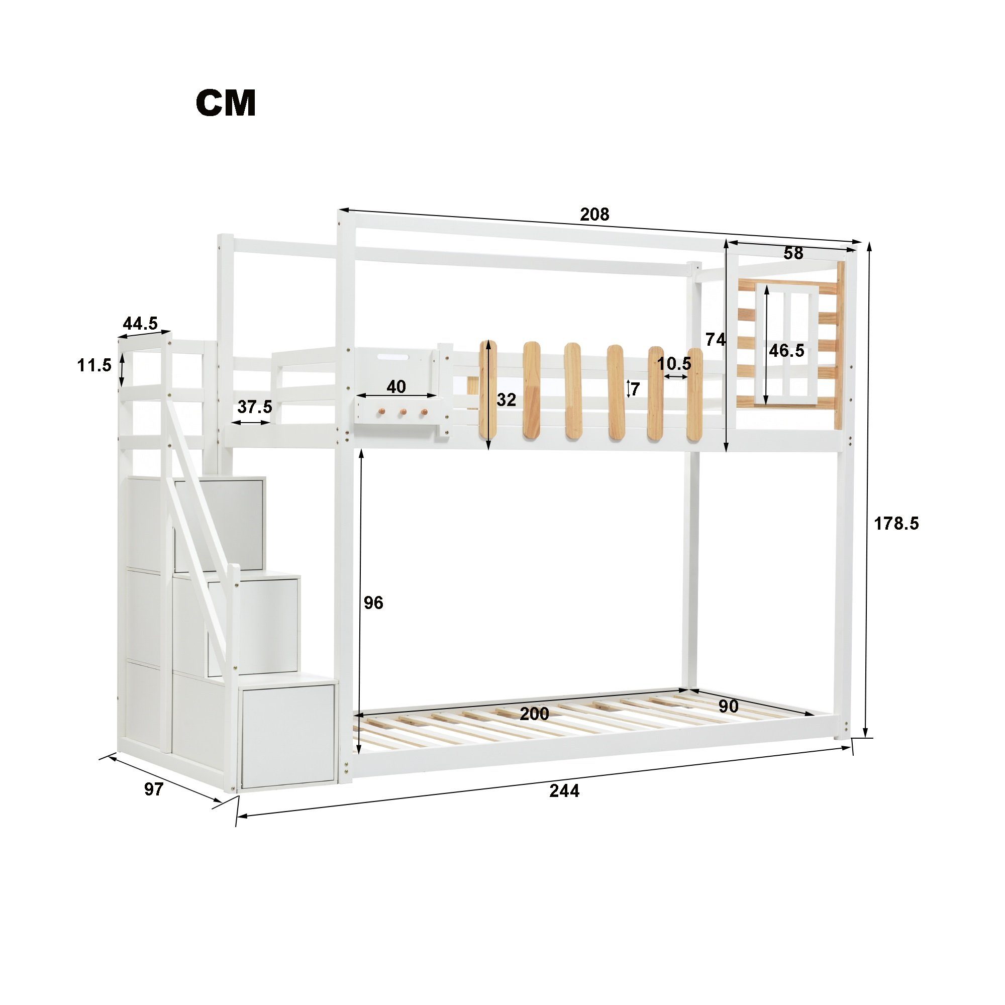 REDOM Kinderbett Kinderbett Einzelbett Gästebett Bett (mit 3 Schließfächer in der Treppe, mit Fallschutzgitter, mit Treppe, Fenster und Regalkasten), Rahmen aus massivem Kiefernholz, Ohne Matratze