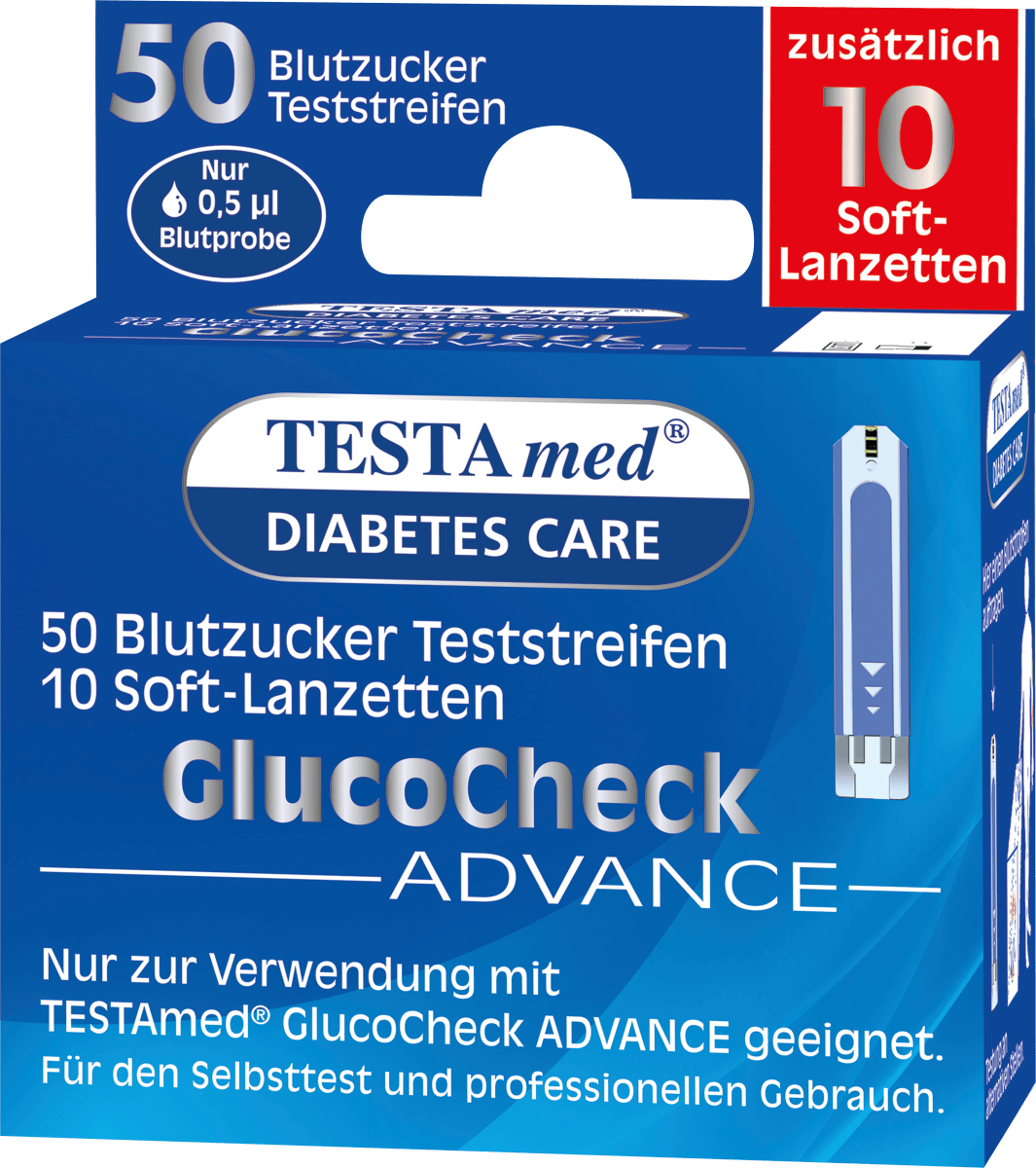 Glucocheck ADVANCE Kombipackung 50 Blutzucker-Teststreifen + 10 Lanzetten, 50 St