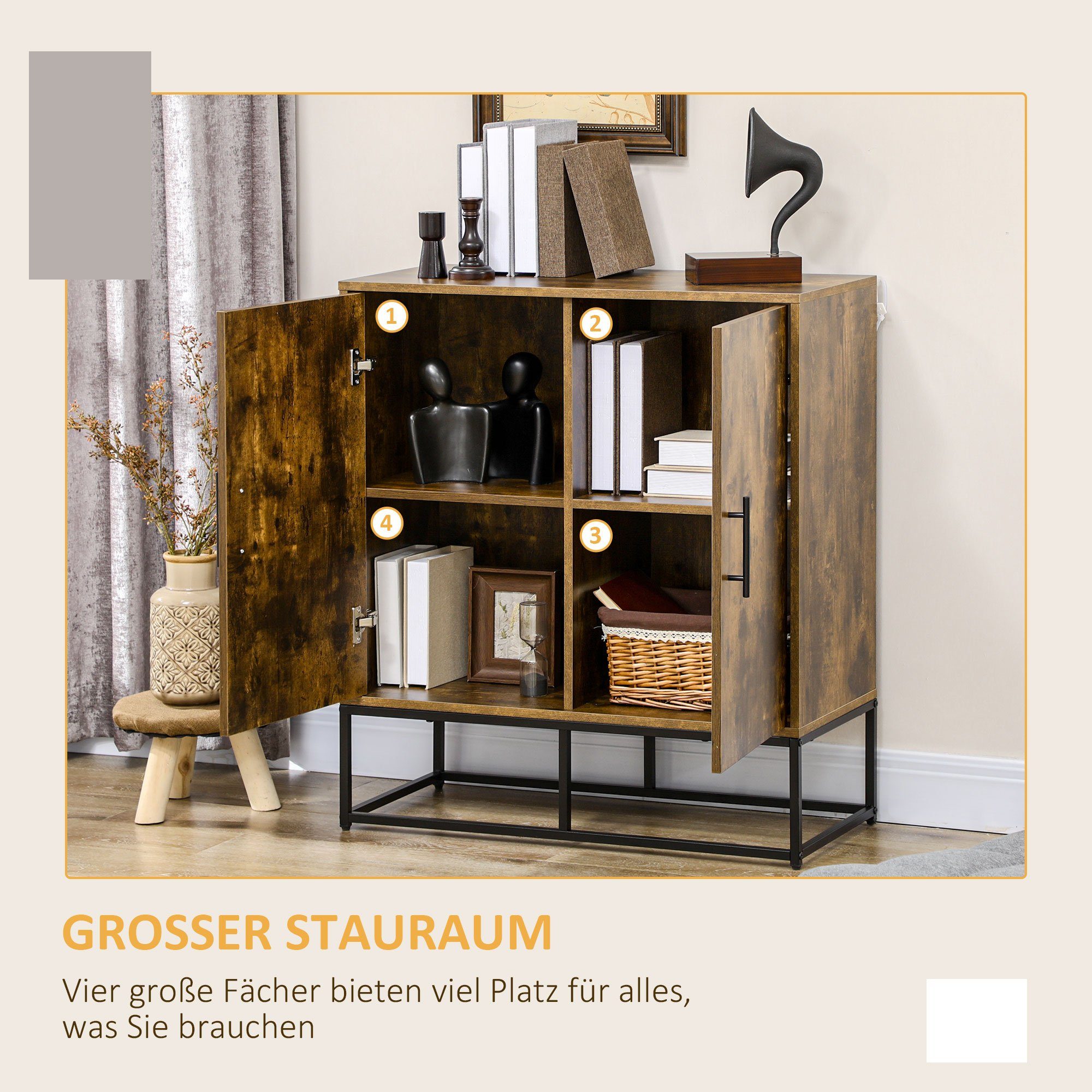 HOMCOM Highboard Aufbewahrungsschrank mit 4 Regalen, Doppeltür (Küchenschrank, 1 St., Sideboard), Mehrzweckschrank, 80 x 39 x 91 cm